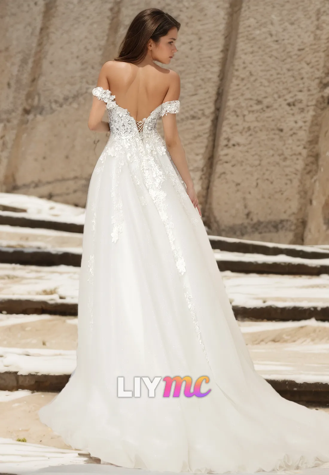 Off-Shoulder Strapless Appliques Pleated A-Line Wedding Dress