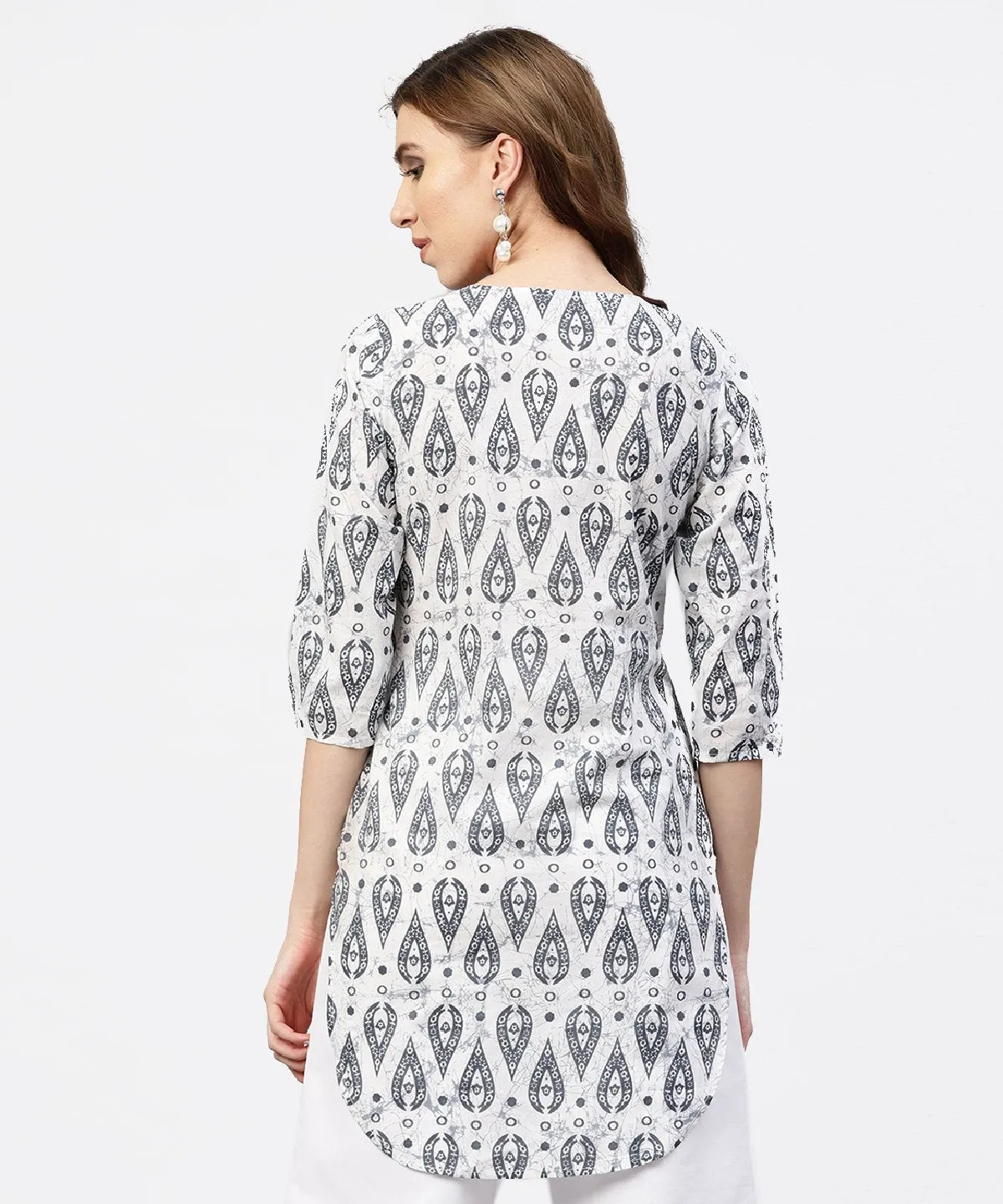 Off White Printed Long Top With Front Placket And 3/4 Sleeves