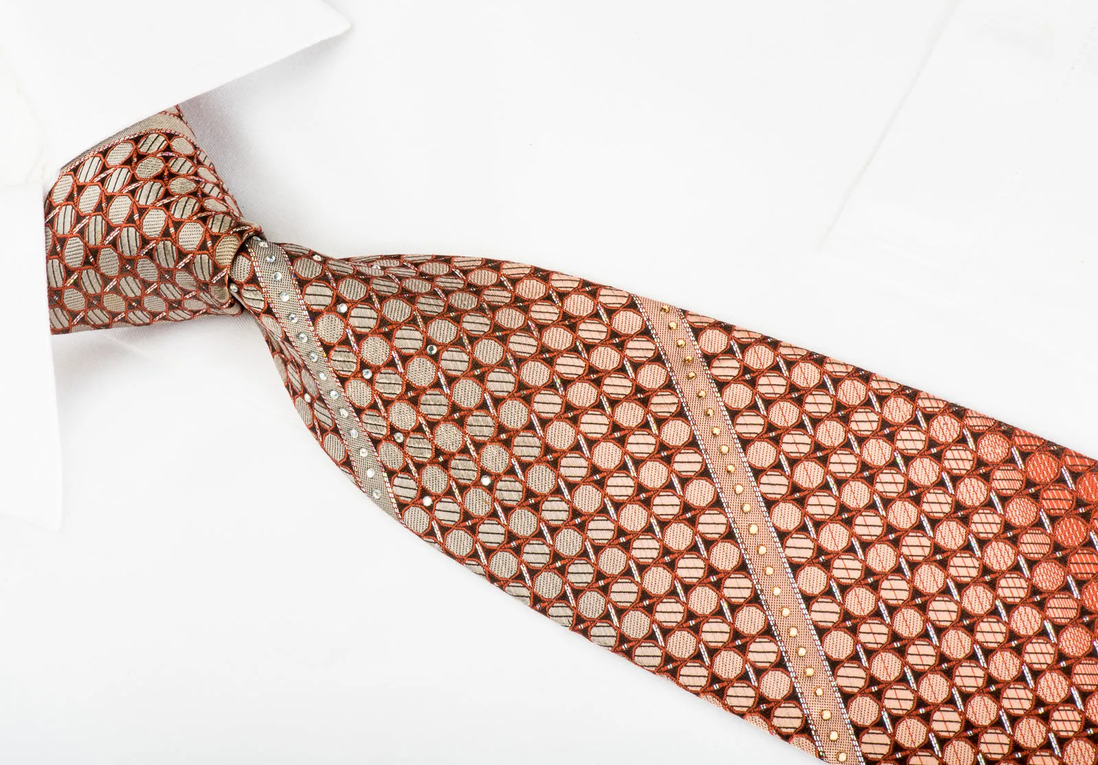 Pierre Cardin Rhinestone Silk Necktie Orange Dots On Brown With Silver Sparkles