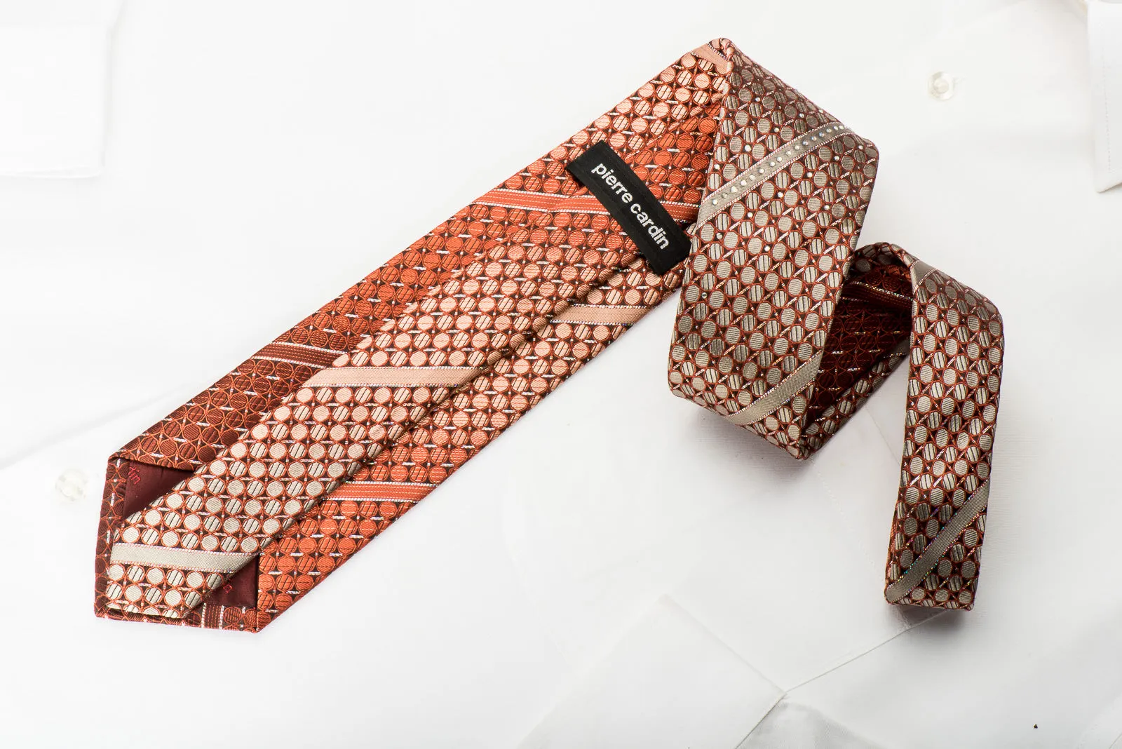 Pierre Cardin Rhinestone Silk Necktie Orange Dots On Brown With Silver Sparkles