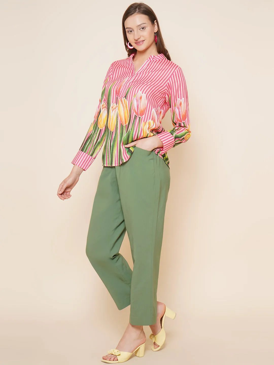 Pink Floral With Stripes Printed Top