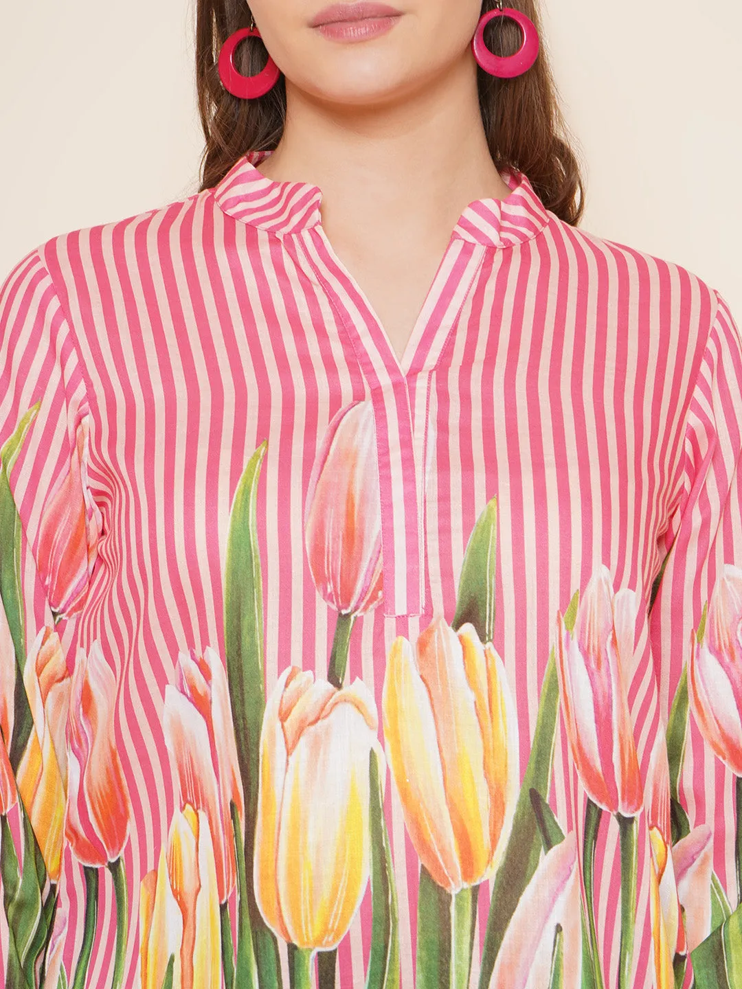 Pink Floral With Stripes Printed Top
