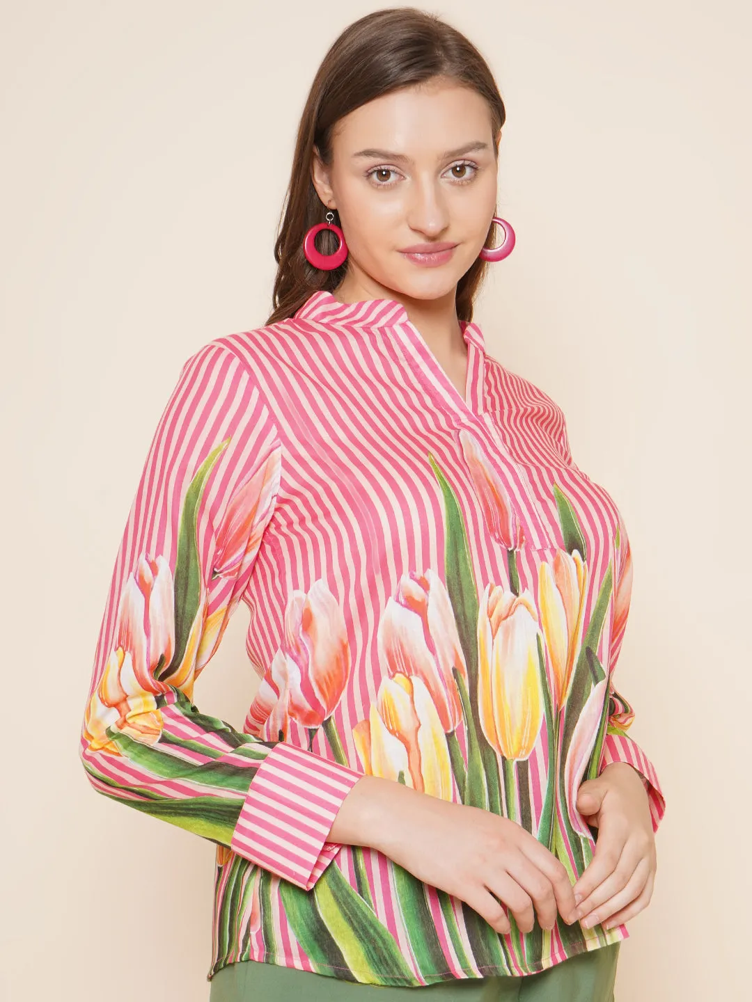 Pink Floral With Stripes Printed Top