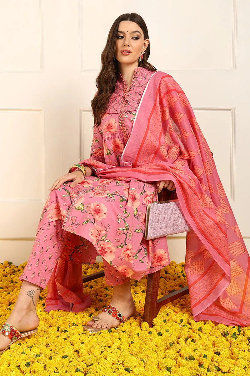 Pink Pure Cotton Floral Embroidered A Line Suit Set
