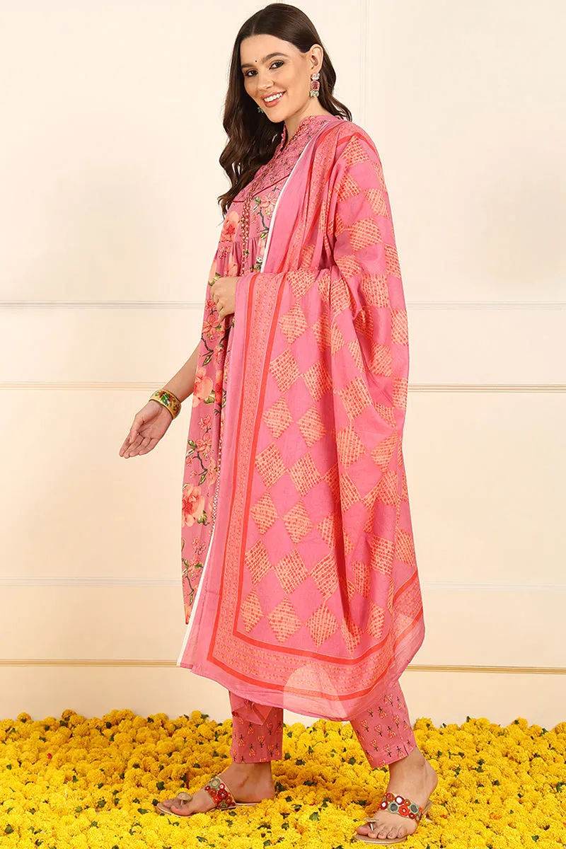 Pink Pure Cotton Floral Embroidered A Line Suit Set