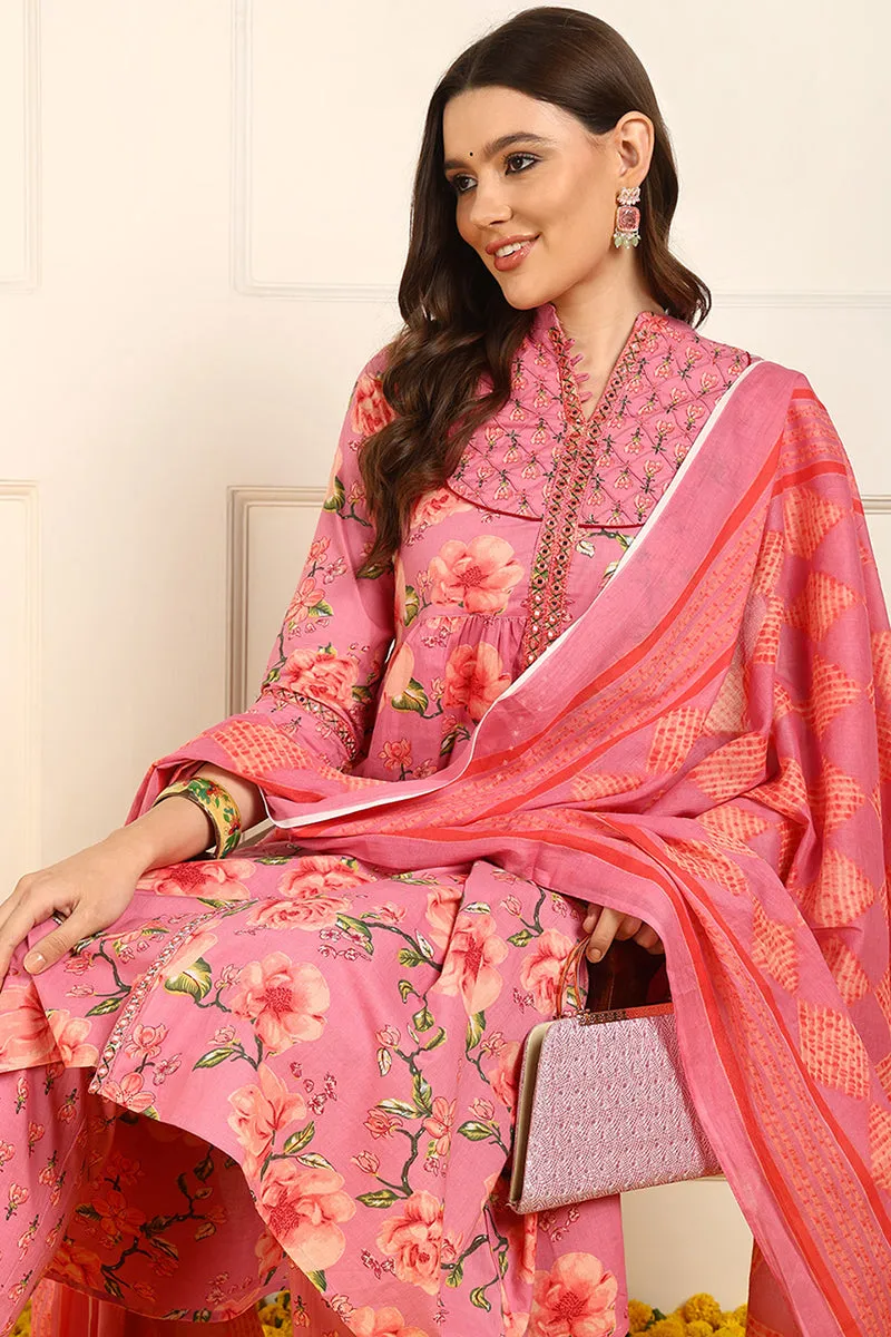 Pink Pure Cotton Floral Embroidered A Line Suit Set
