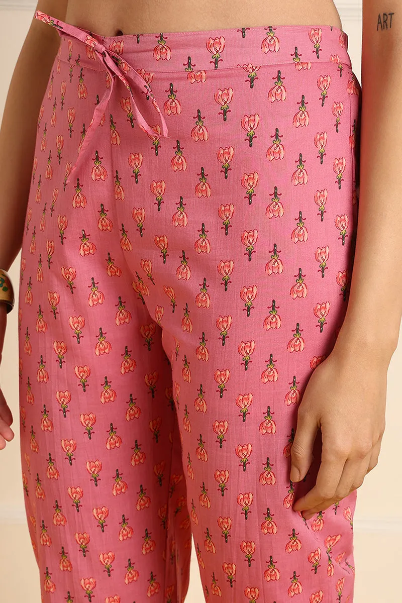 Pink Pure Cotton Floral Embroidered A Line Suit Set
