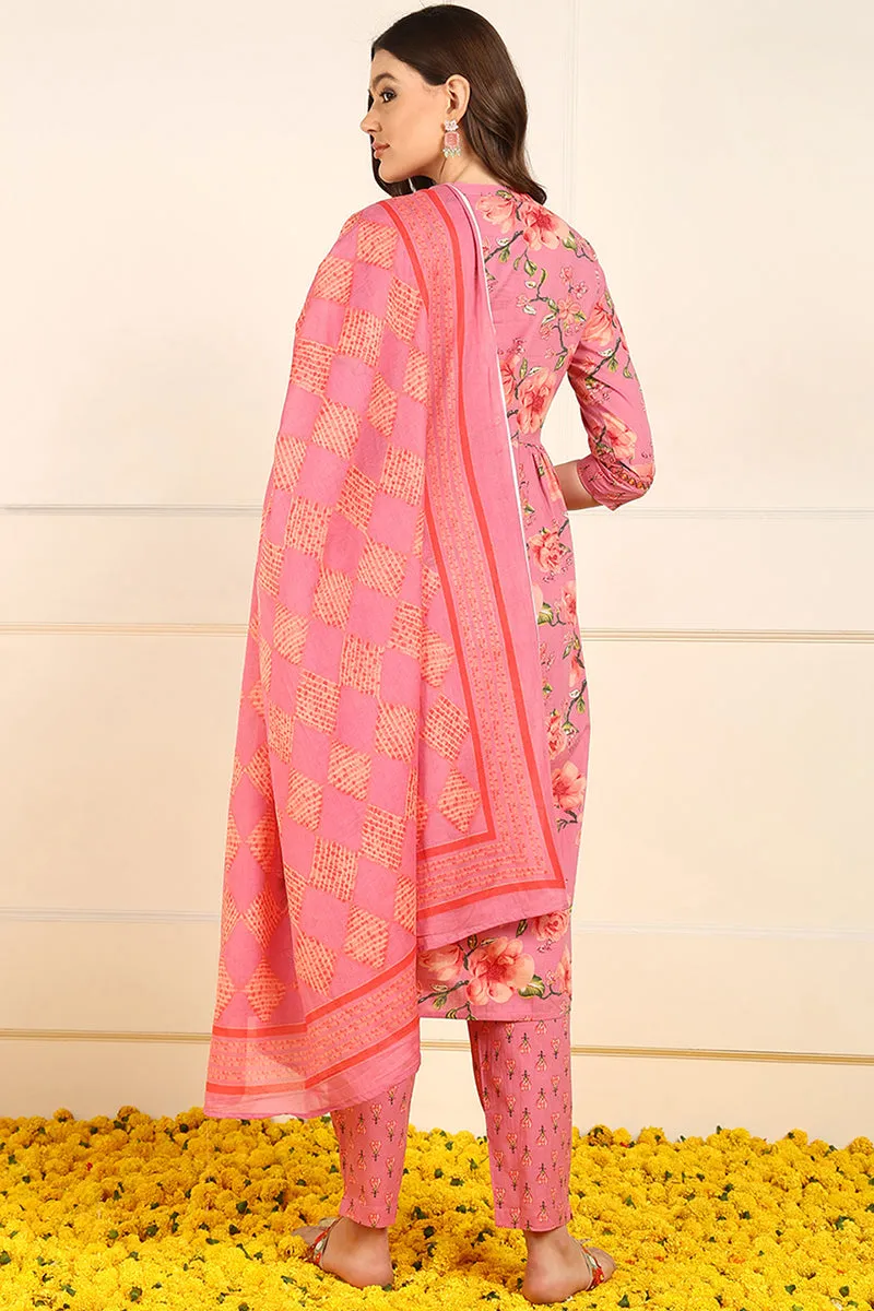 Pink Pure Cotton Floral Embroidered A Line Suit Set