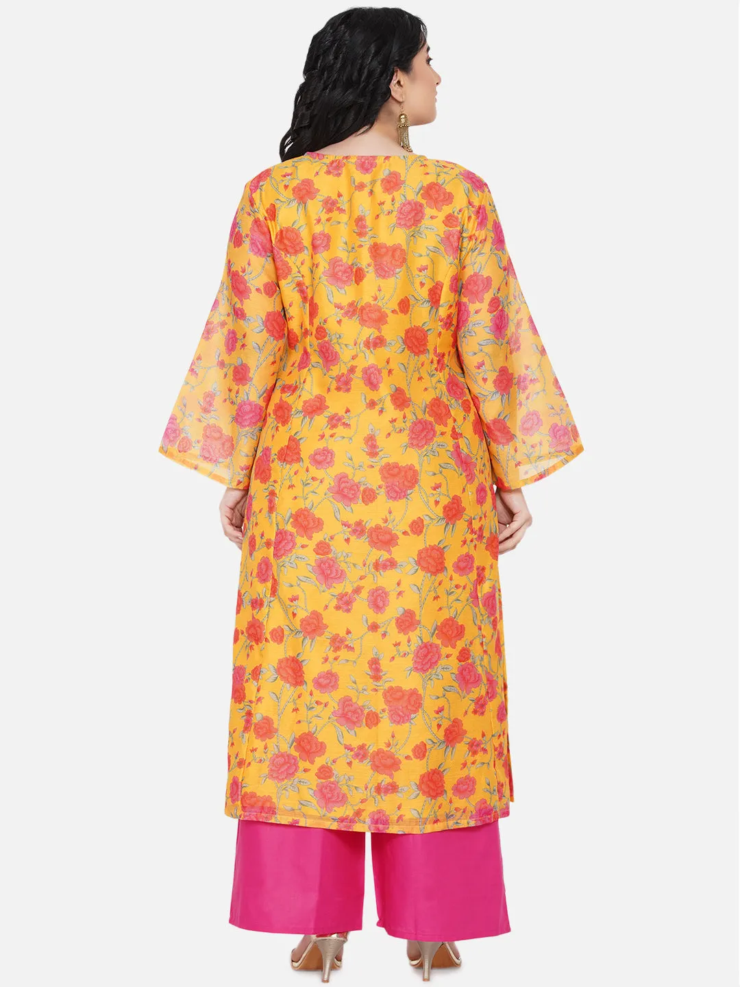 Plus Size Women Mustard Yellow & Pink Floral Printed Kurta with Palazzos