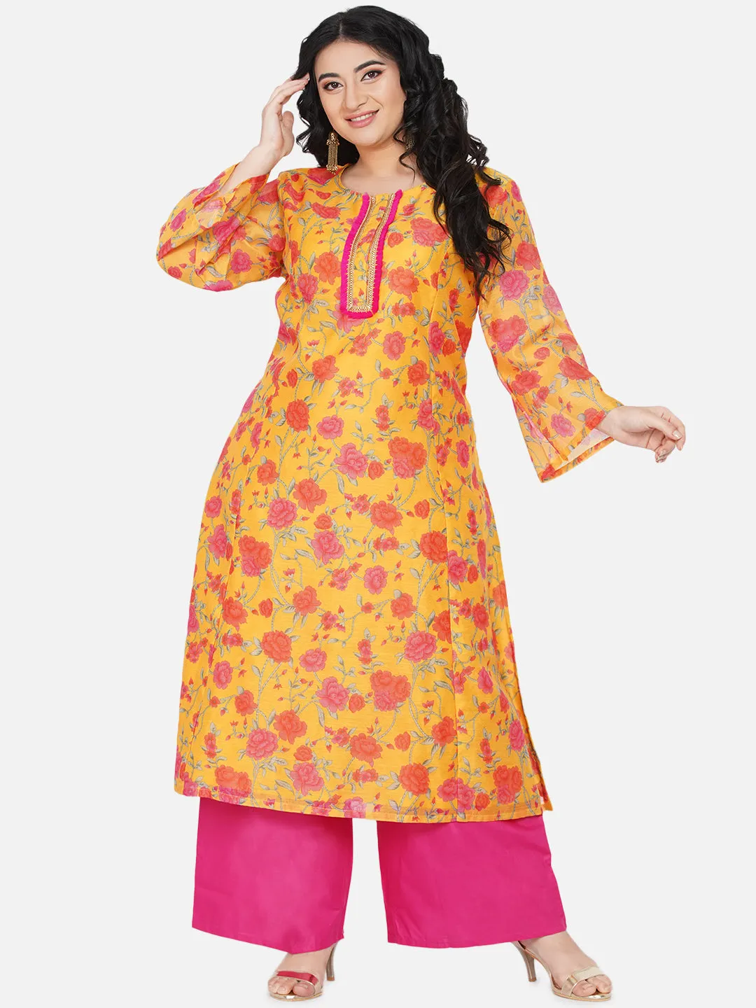 Plus Size Women Mustard Yellow & Pink Floral Printed Kurta with Palazzos