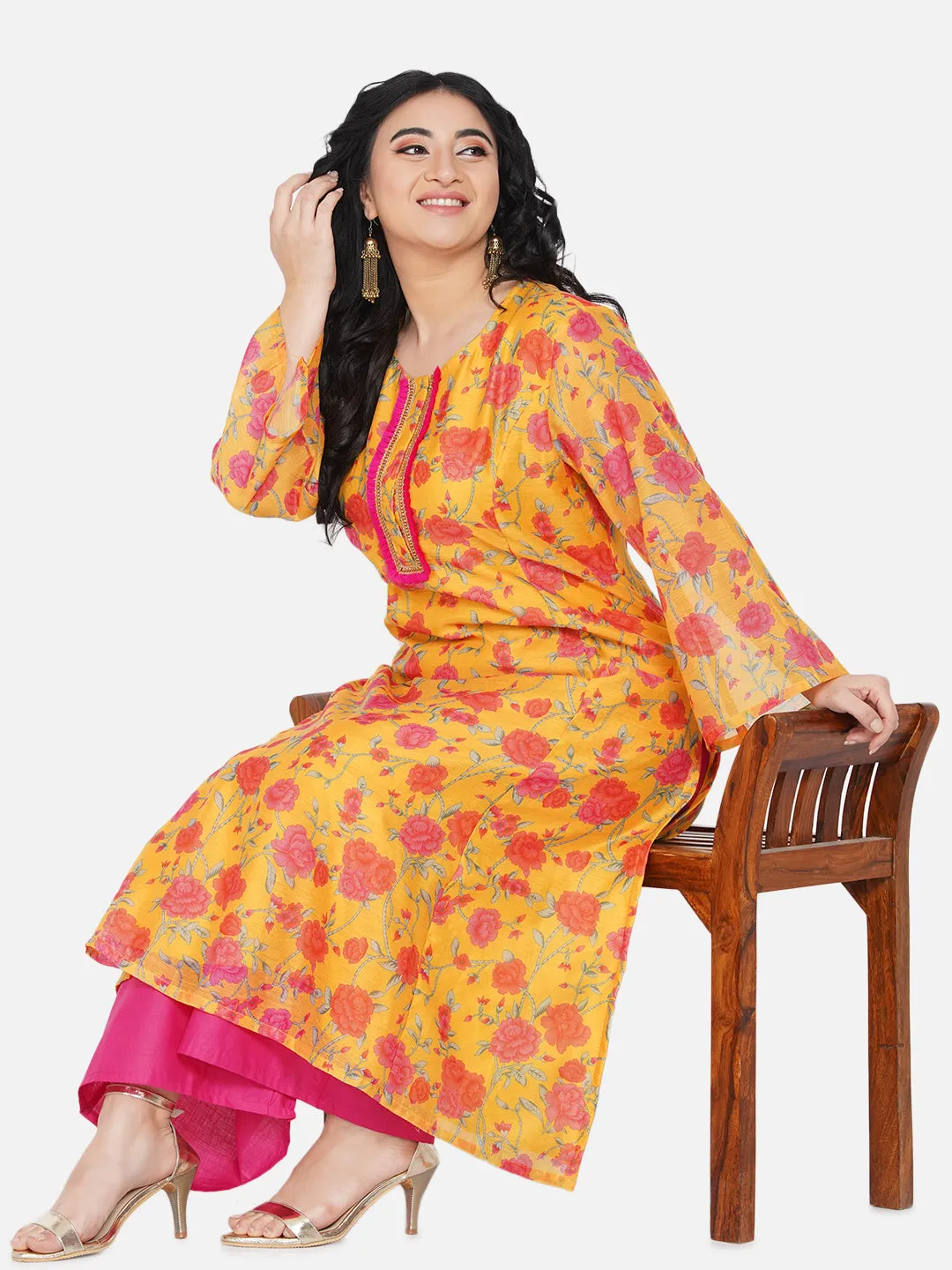 Plus Size Women Mustard Yellow & Pink Floral Printed Kurta with Palazzos