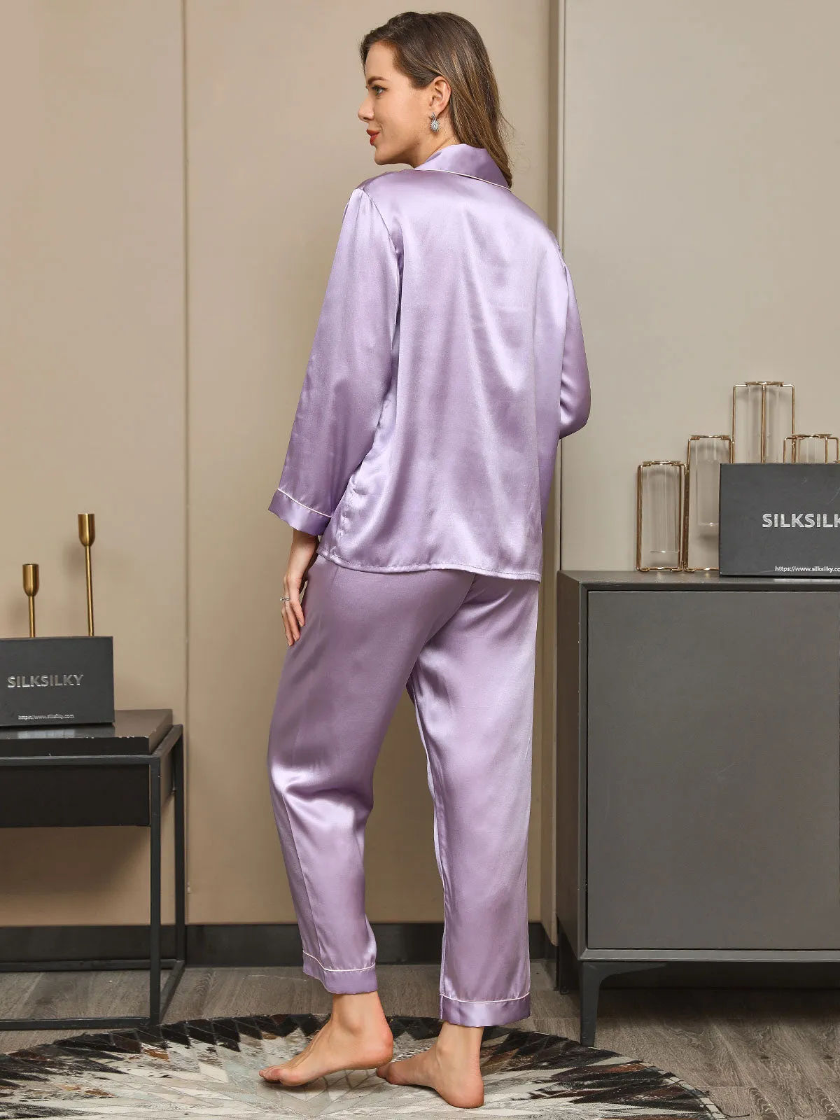 Pure Silk Classic Binding Trim Pajamas Set 2Pcs