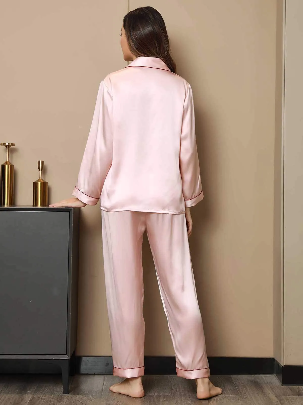 Pure Silk Classic Binding Trim Pajamas Set 2Pcs