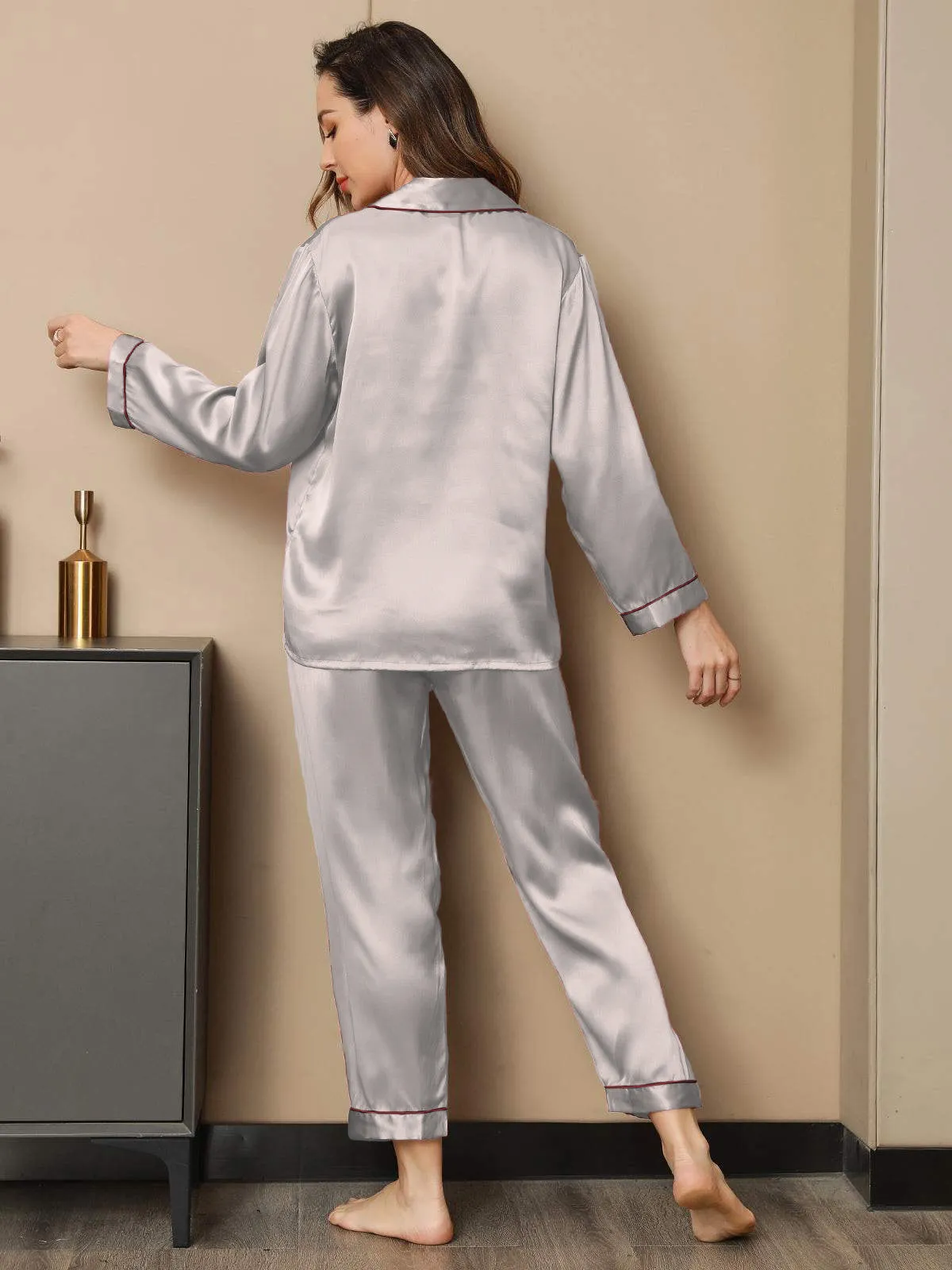 Pure Silk Classic Binding Trim Pajamas Set 2Pcs
