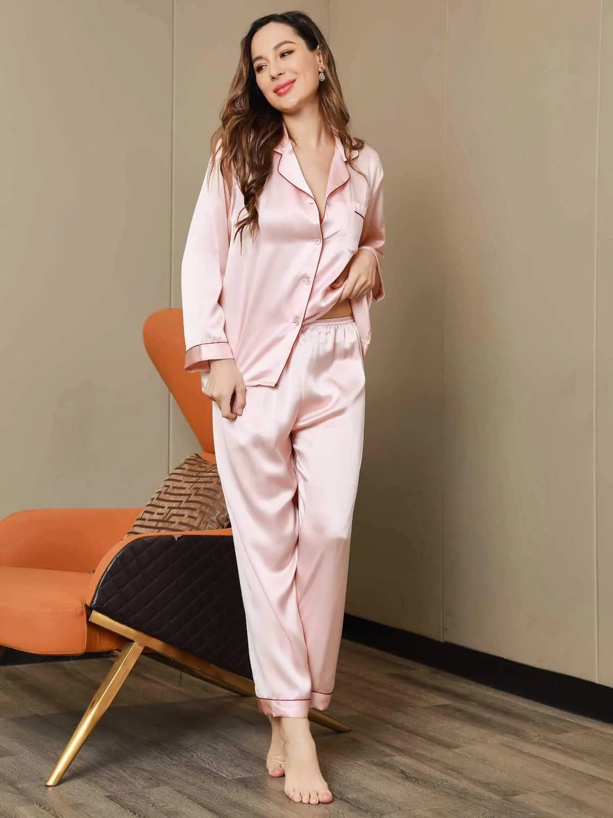 Pure Silk Classic Binding Trim Pajamas Set 2Pcs