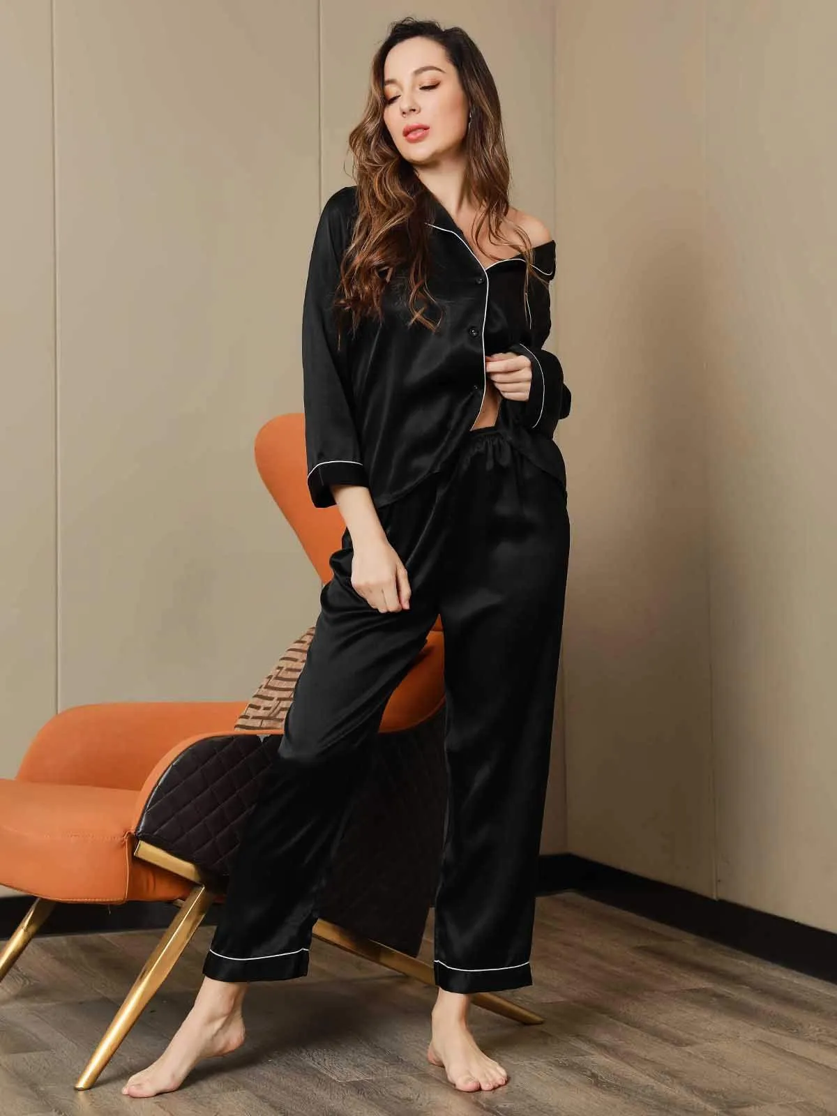 Pure Silk Classic Binding Trim Pajamas Set 2Pcs