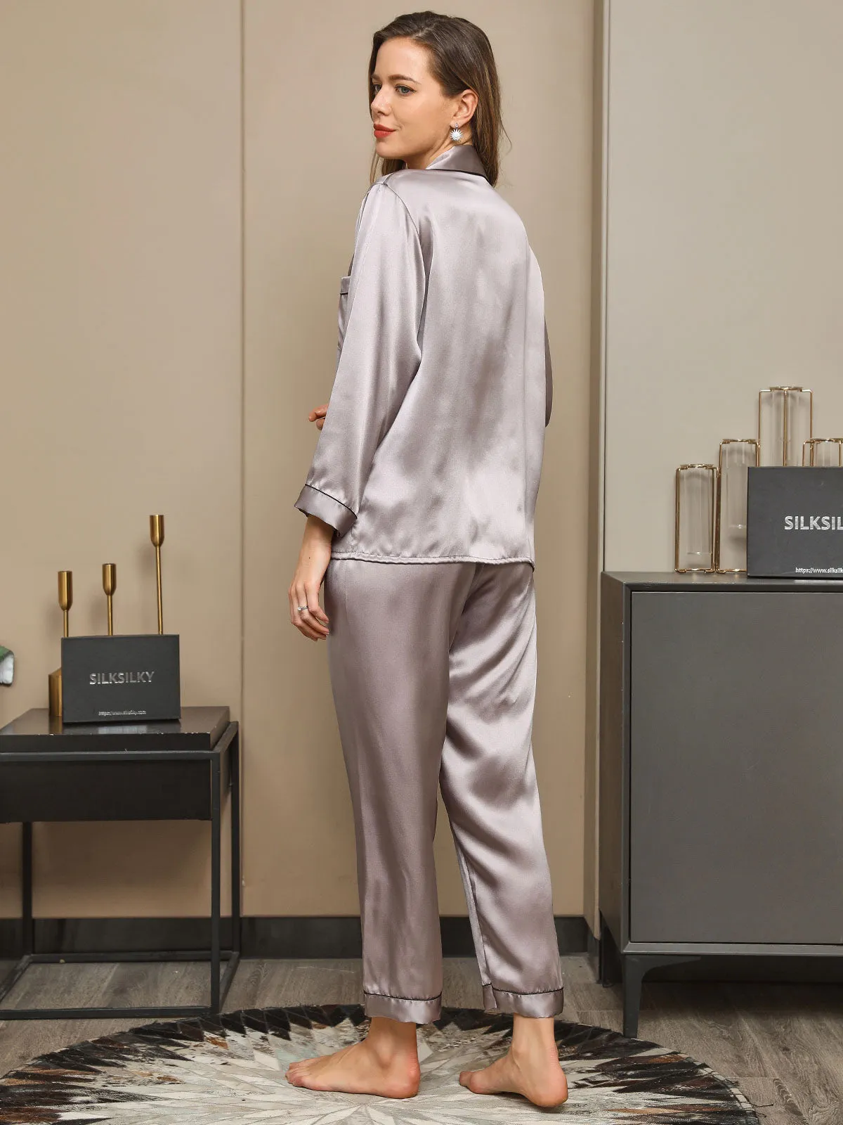 Pure Silk Classic Binding Trim Pajamas Set 2Pcs