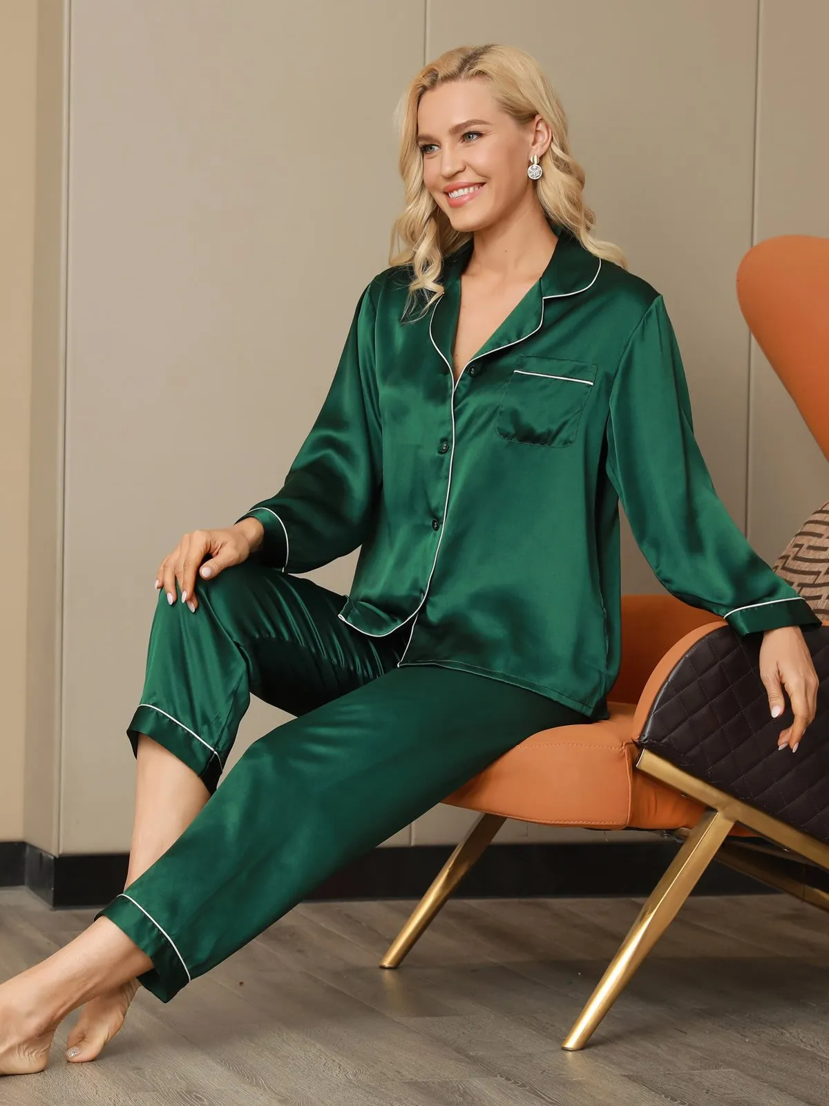 Pure Silk Classic Binding Trim Pajamas Set 2Pcs
