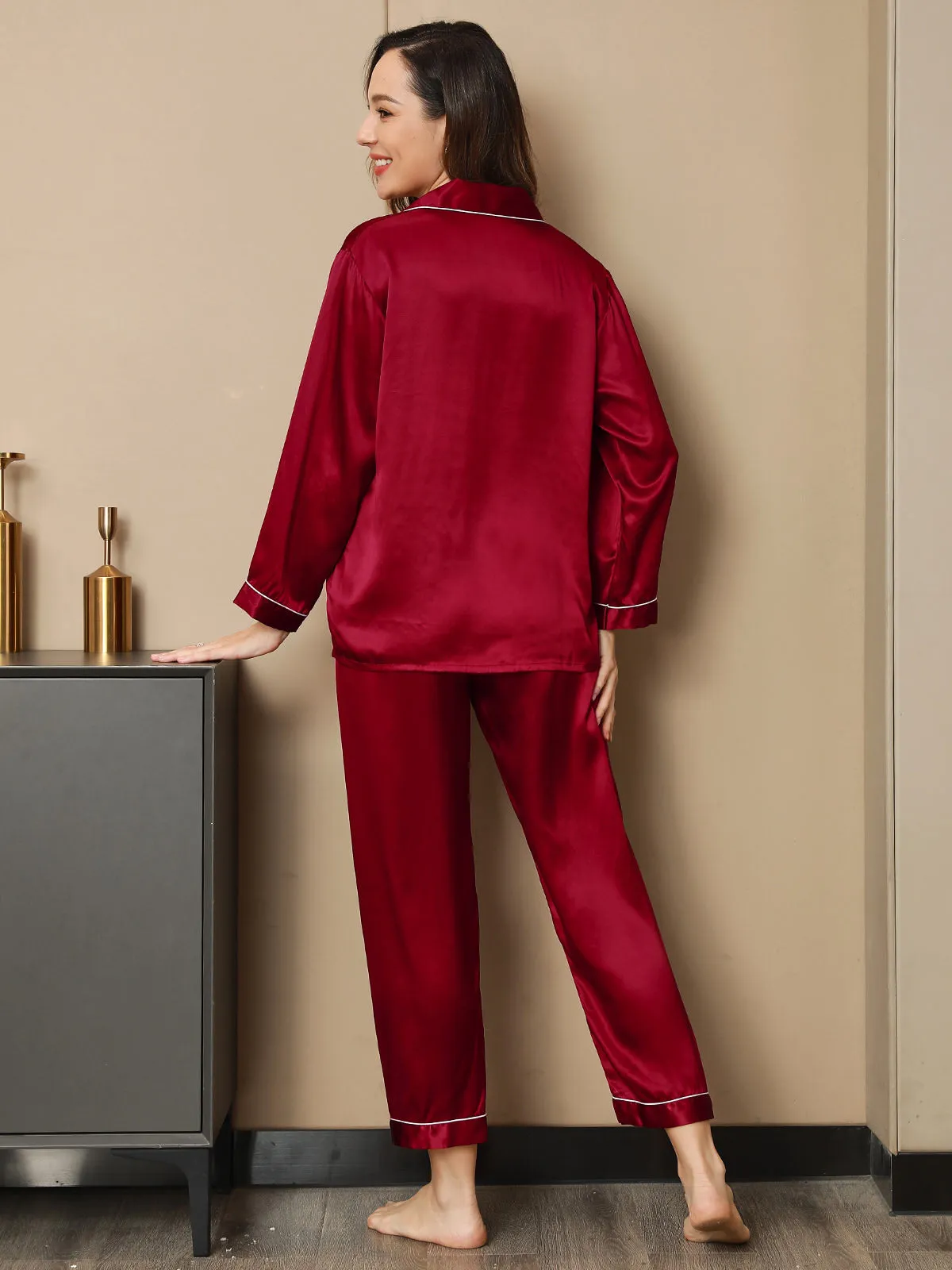 Pure Silk Classic Binding Trim Pajamas Set 2Pcs
