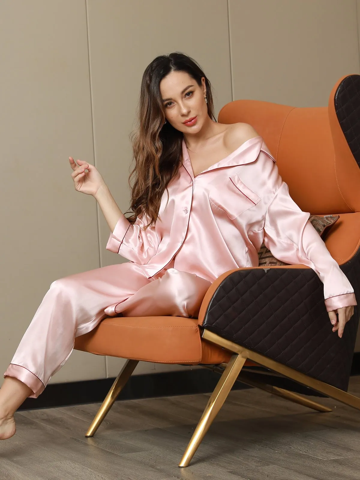 Pure Silk Classic Binding Trim Pajamas Set 2Pcs