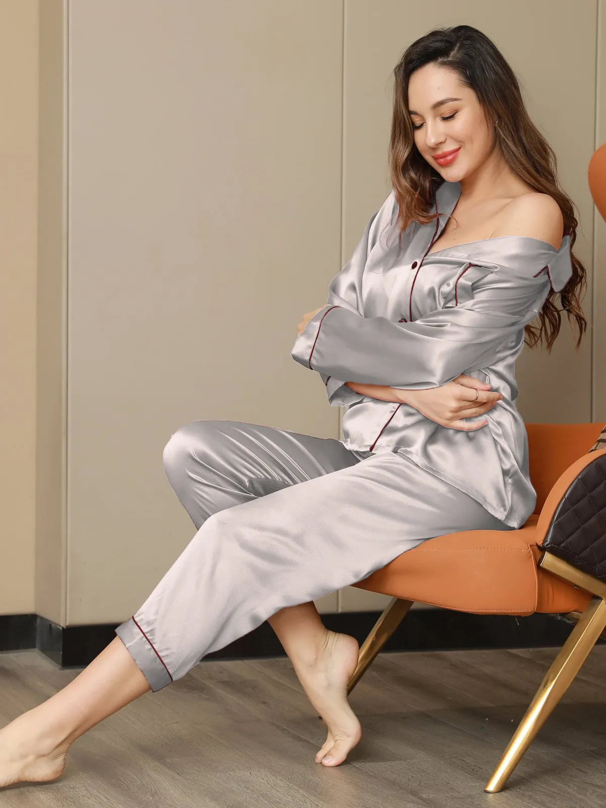 Pure Silk Classic Binding Trim Pajamas Set 2Pcs