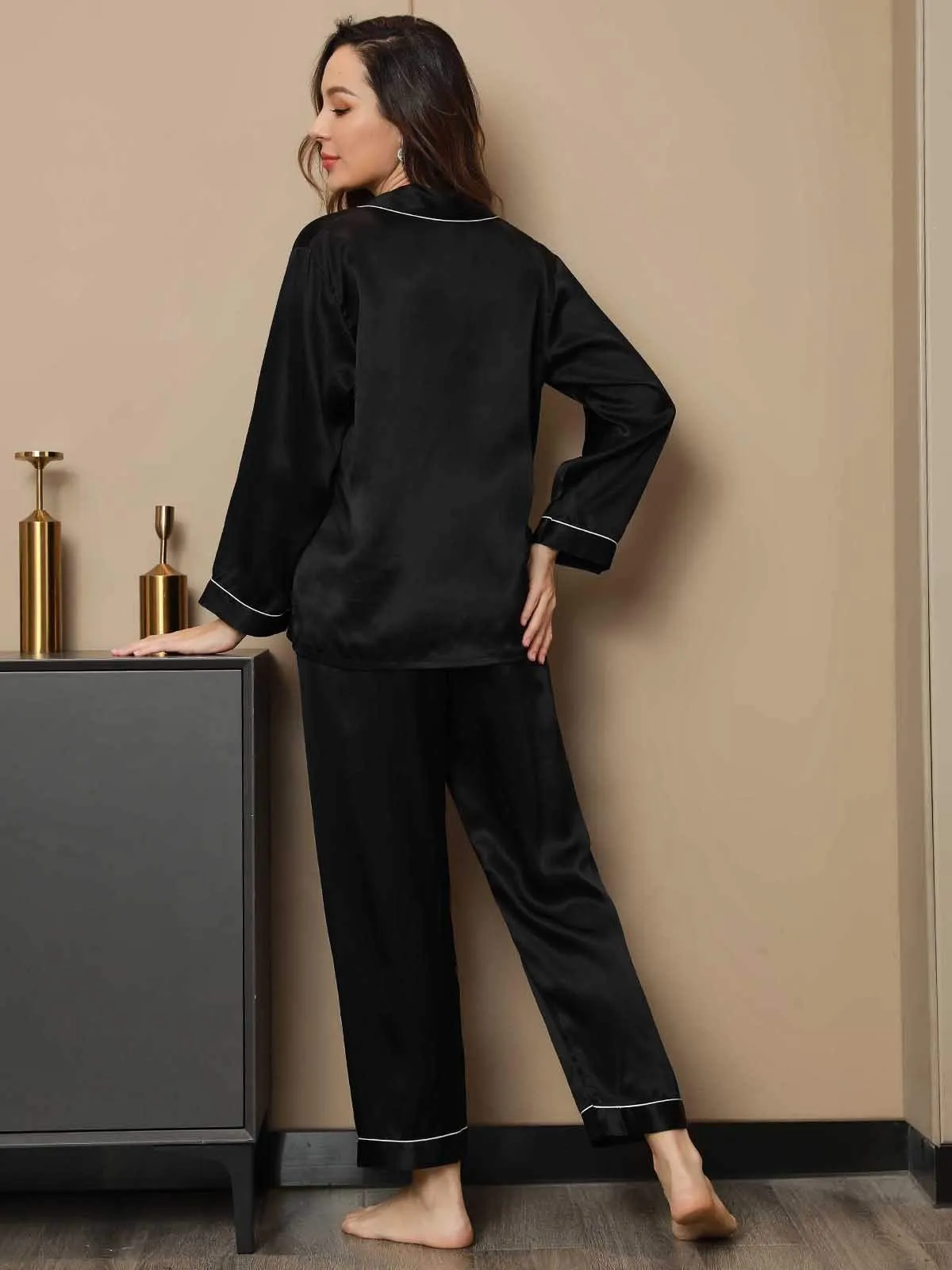 Pure Silk Classic Binding Trim Pajamas Set 2Pcs