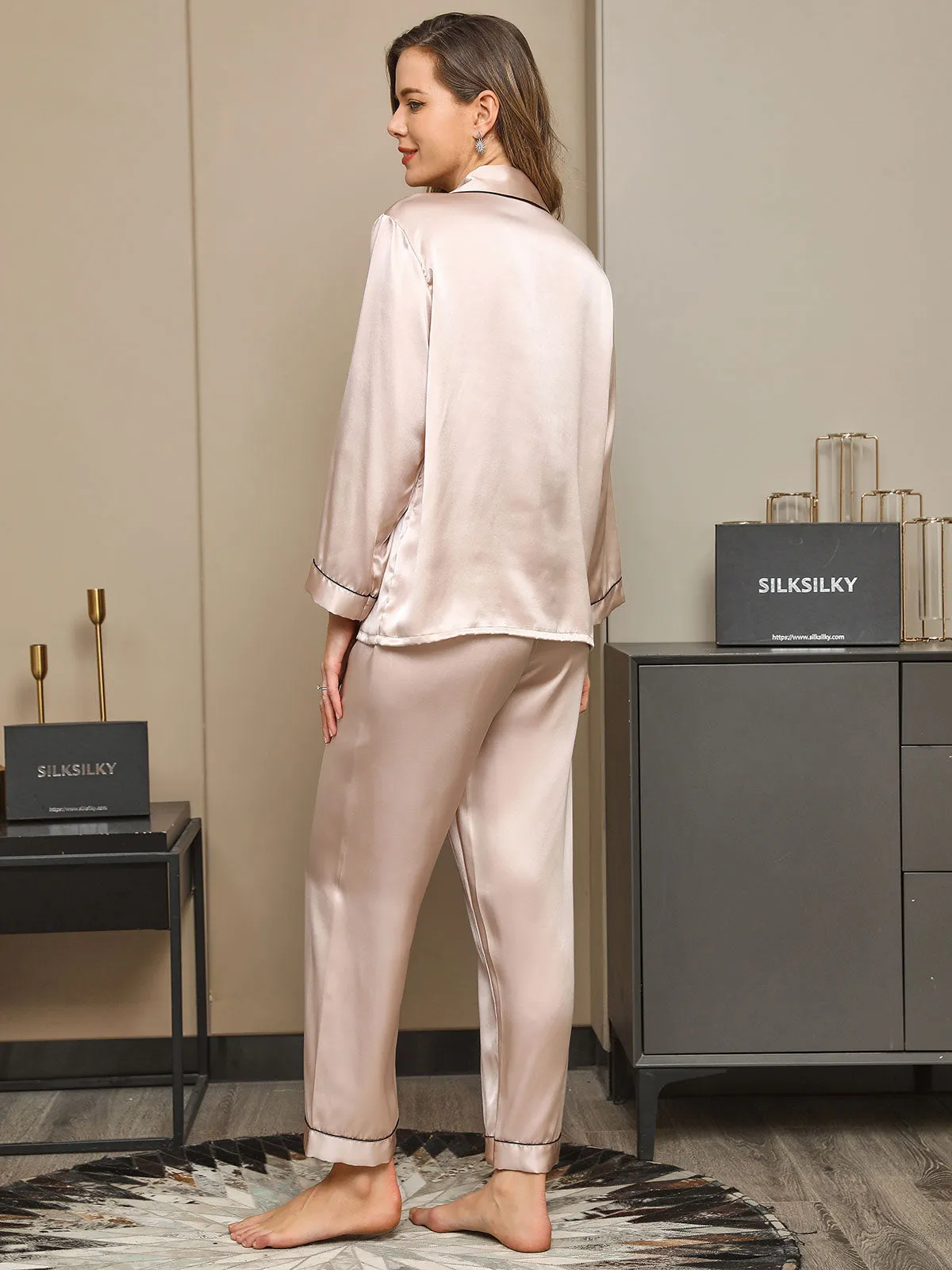 Pure Silk Classic Binding Trim Pajamas Set 2Pcs