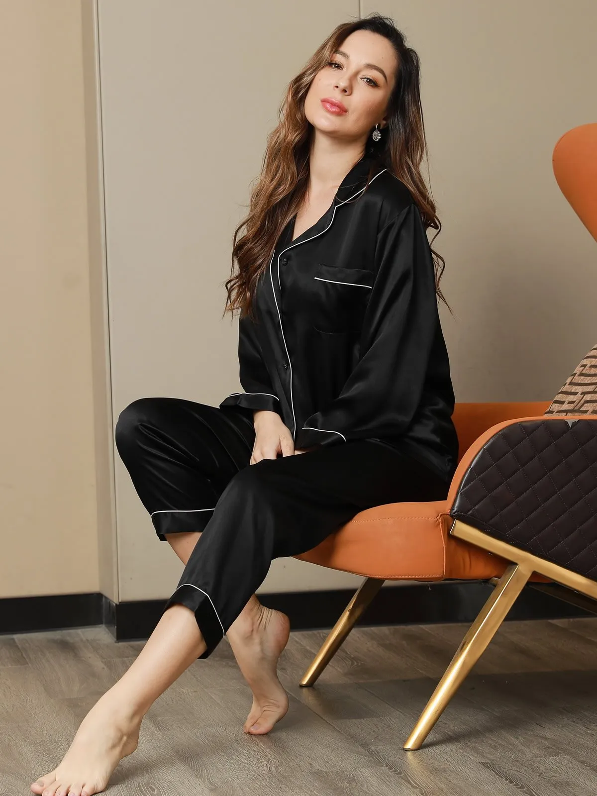 Pure Silk Classic Binding Trim Pajamas Set 2Pcs