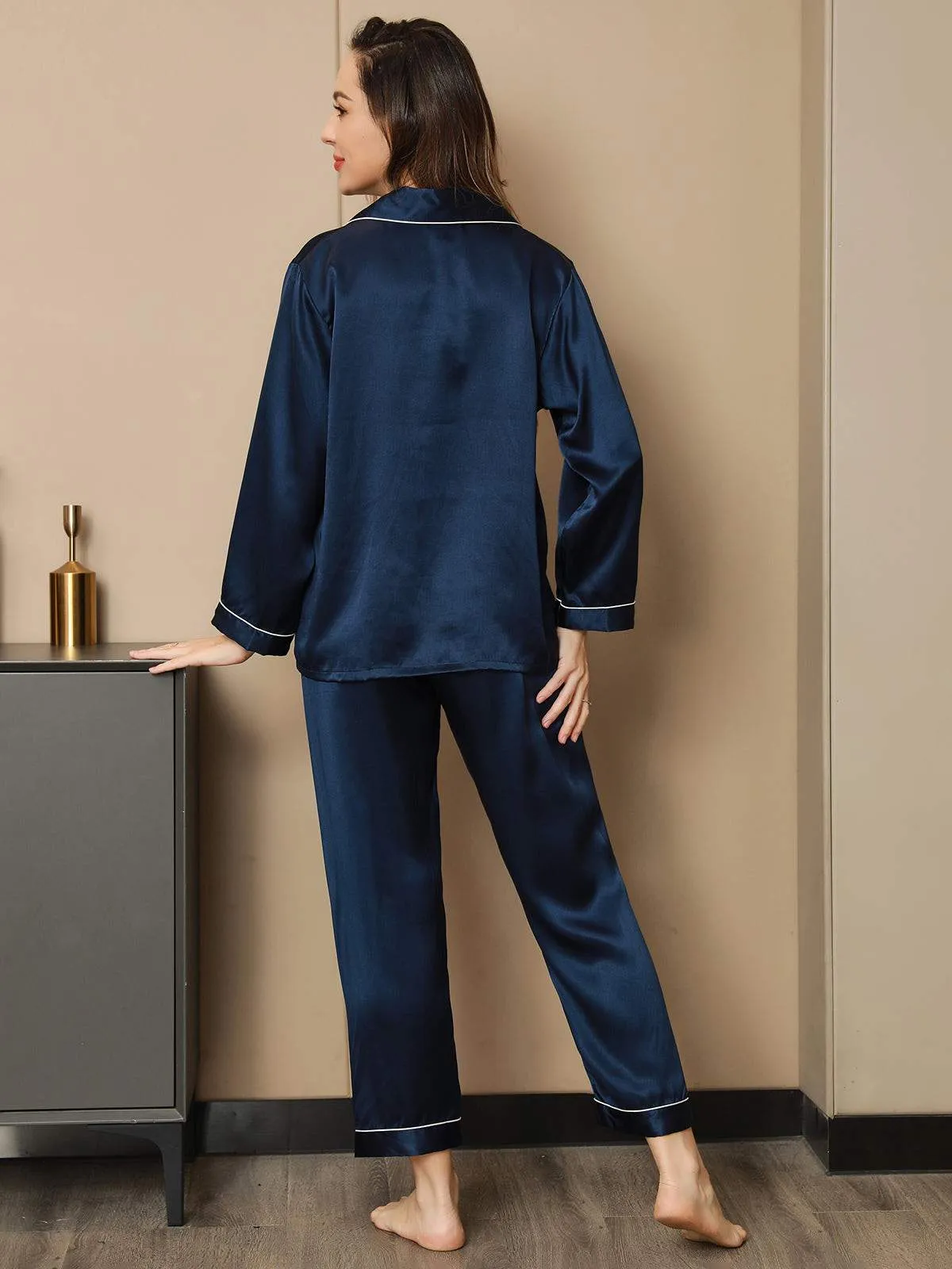 Pure Silk Classic Binding Trim Pajamas Set 2Pcs