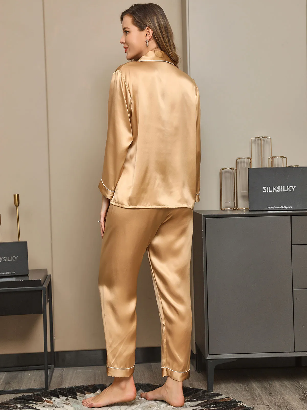Pure Silk Classic Binding Trim Pajamas Set 2Pcs