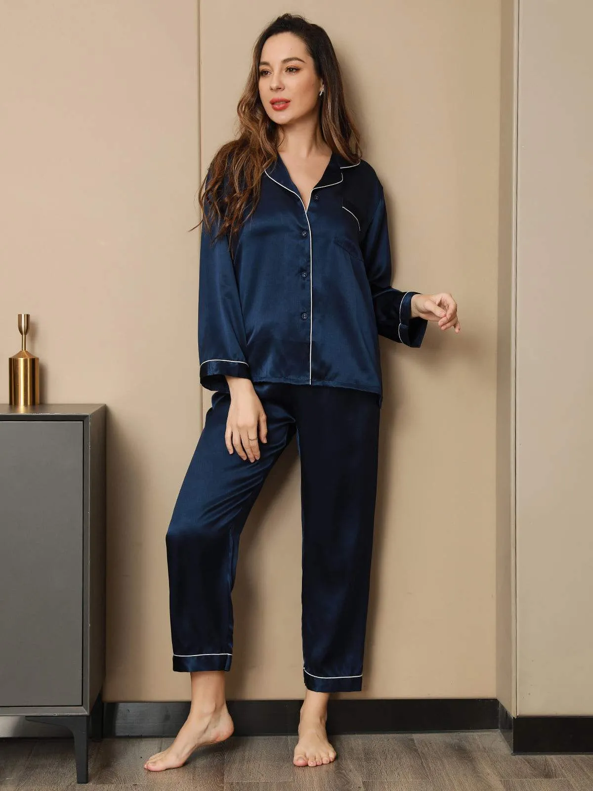 Pure Silk Classic Binding Trim Pajamas Set 2Pcs