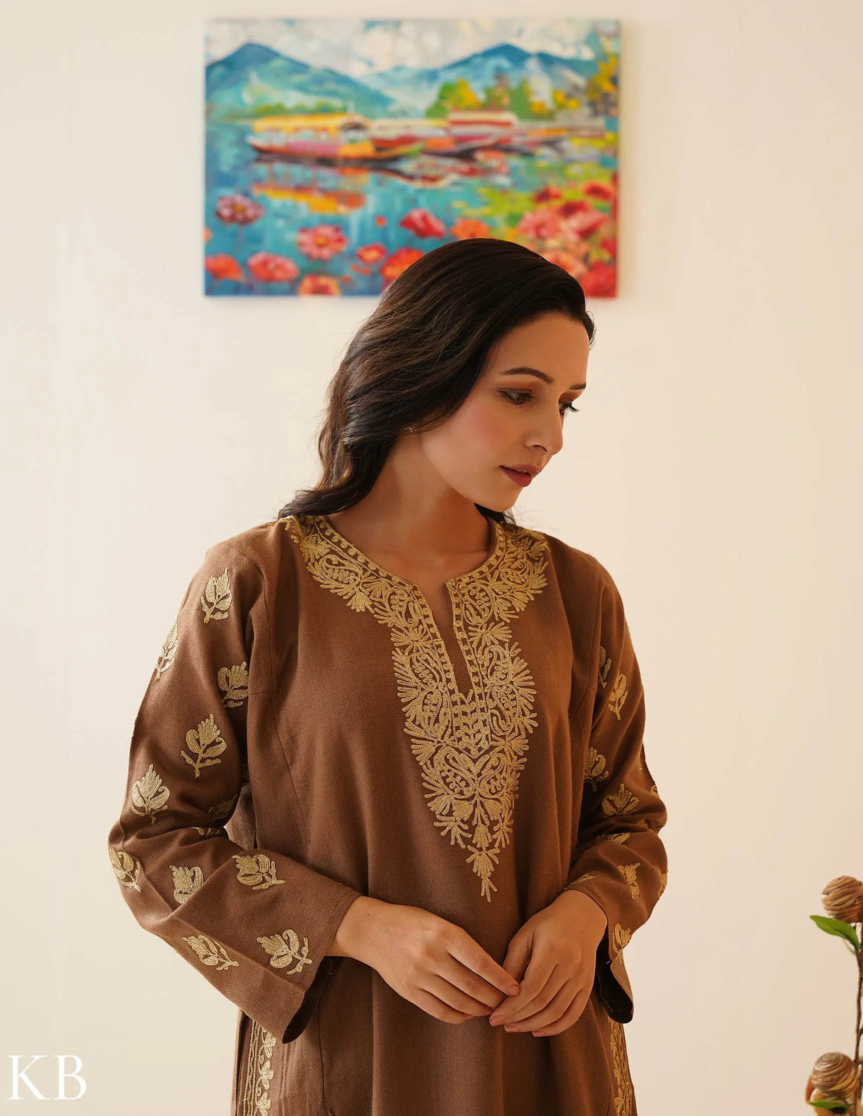 Golden Chestnut Zari Embroidered Phiran - Autumn Colored Kashmiri Woolen Jacket