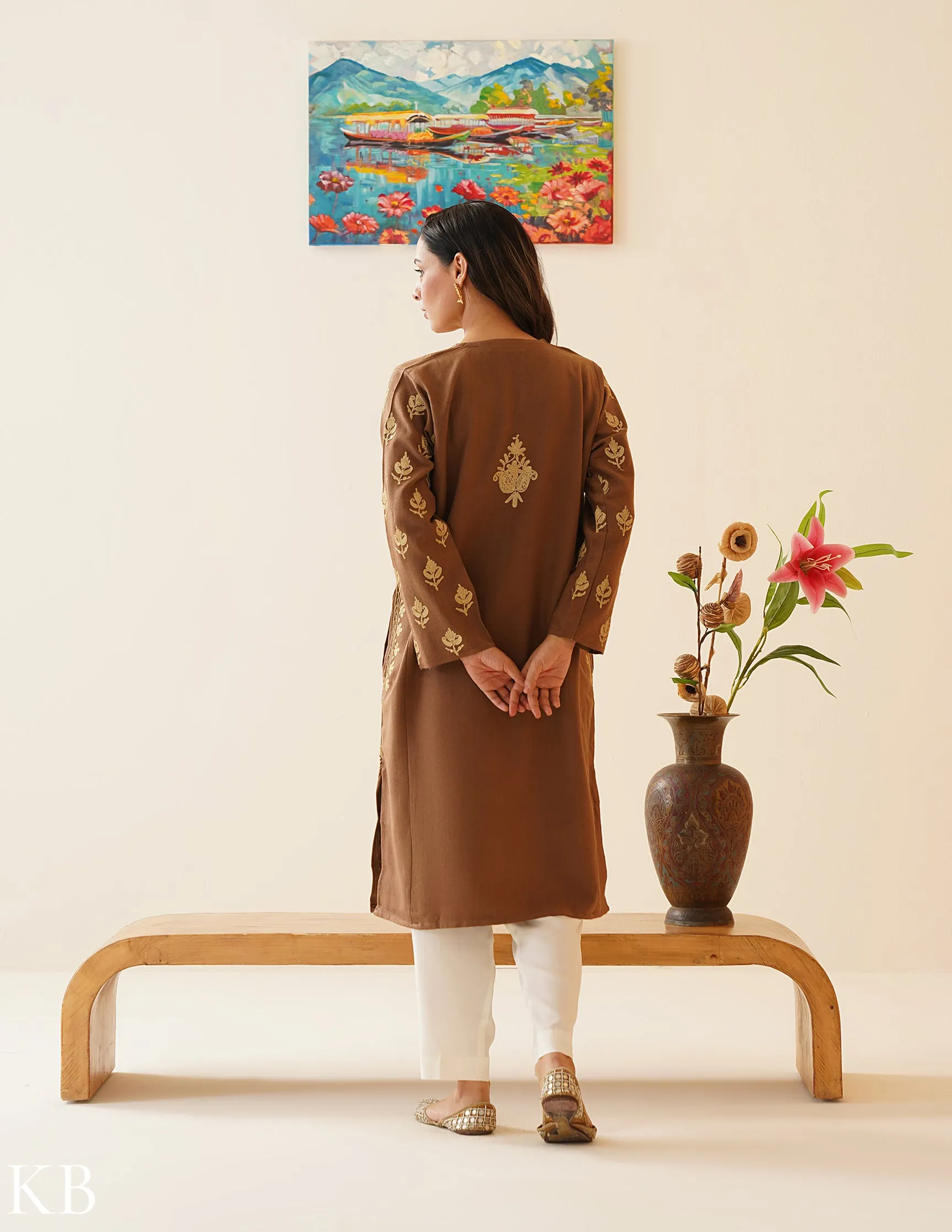 Golden Chestnut Zari Embroidered Phiran - Autumn Colored Kashmiri Woolen Jacket