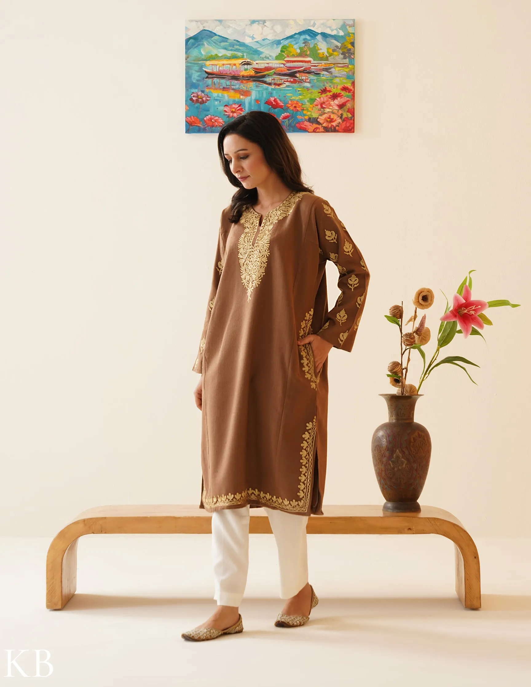 Golden Chestnut Zari Embroidered Phiran - Autumn Colored Kashmiri Woolen Jacket
