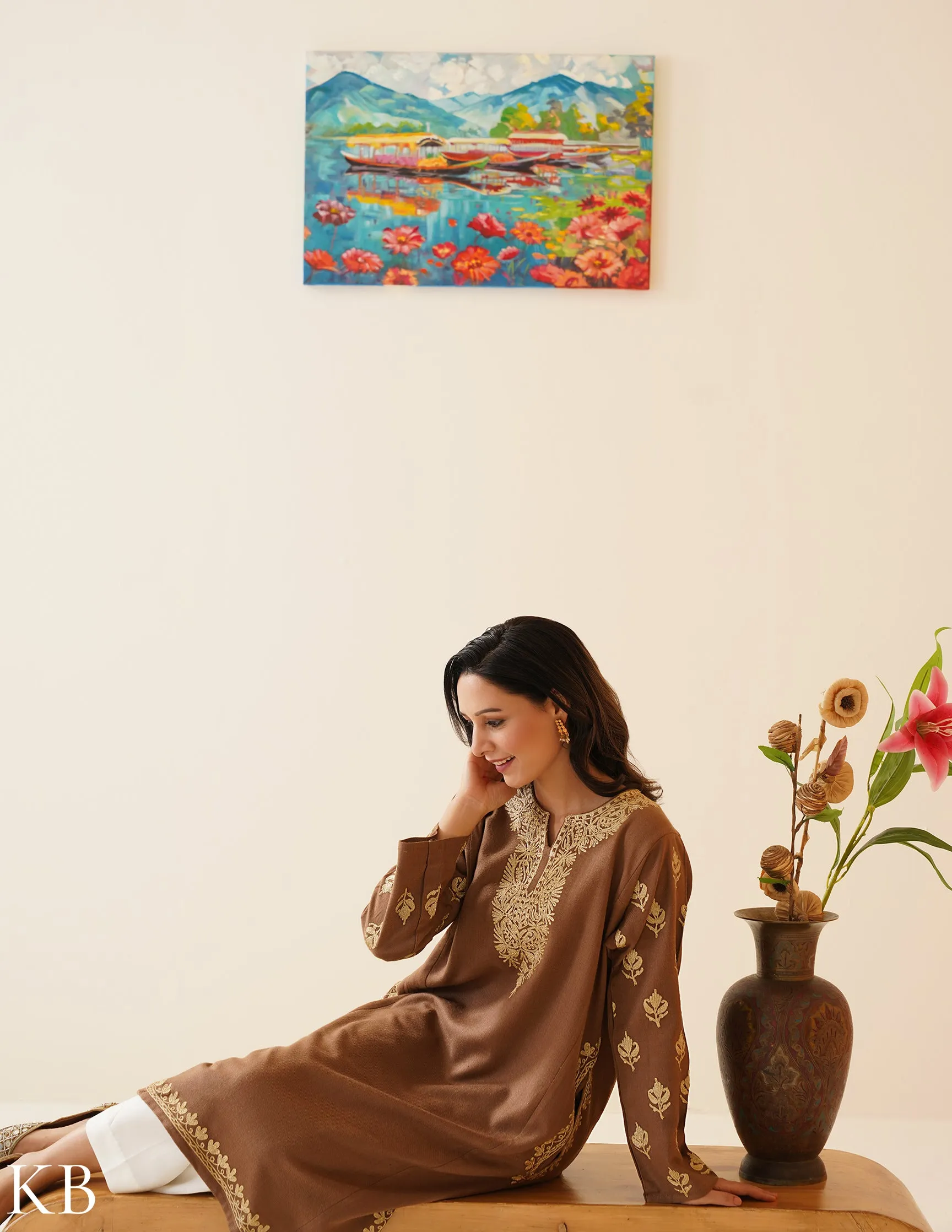 Golden Chestnut Zari Embroidered Phiran - Autumn Colored Kashmiri Woolen Jacket
