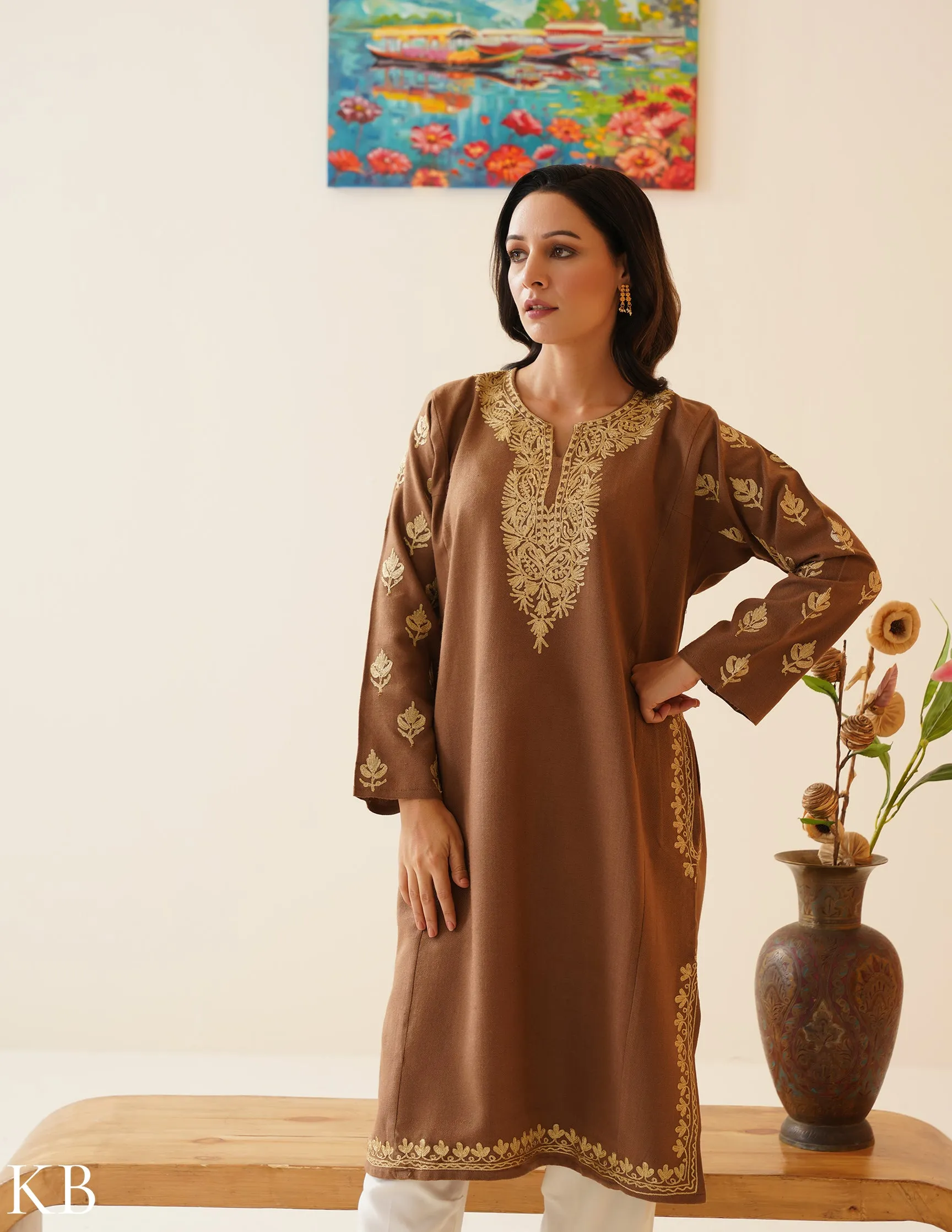 Golden Chestnut Zari Embroidered Phiran - Autumn Colored Kashmiri Woolen Jacket