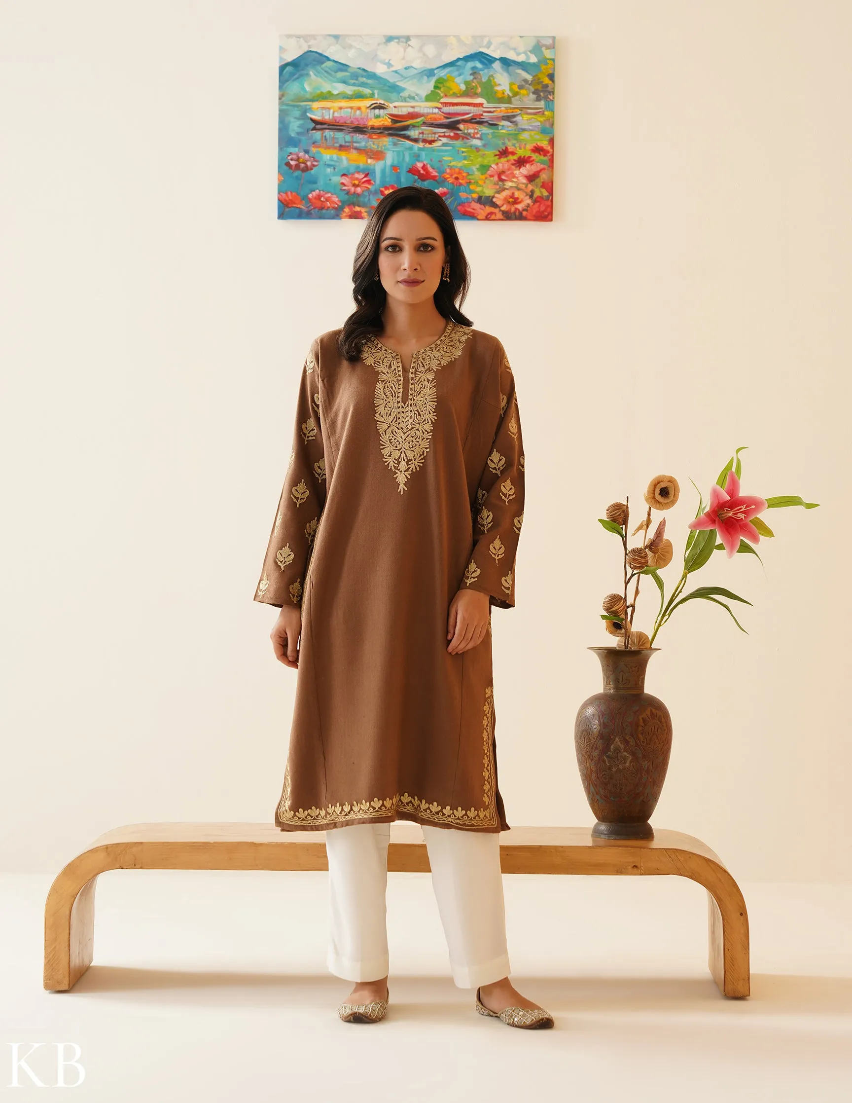 Golden Chestnut Zari Embroidered Phiran - Autumn Colored Kashmiri Woolen Jacket