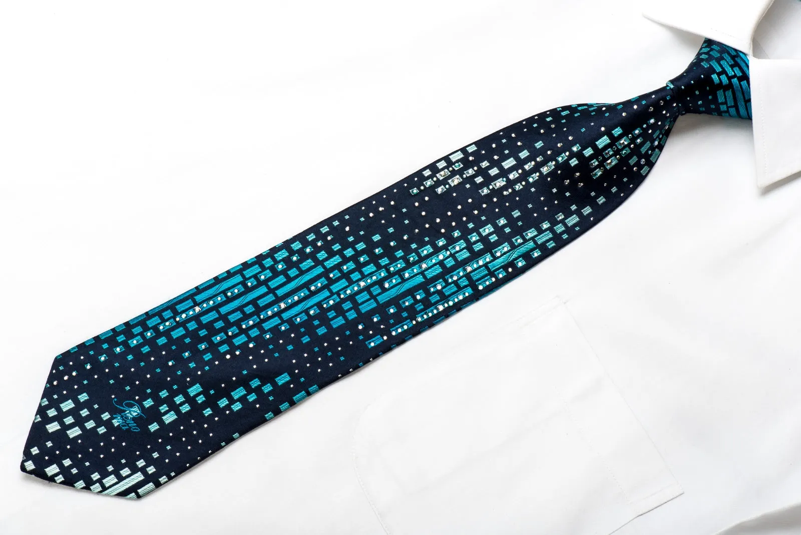 Renoma Mens Crystal Silk Tie Blue Geometric On Navy With Silver Sparkles