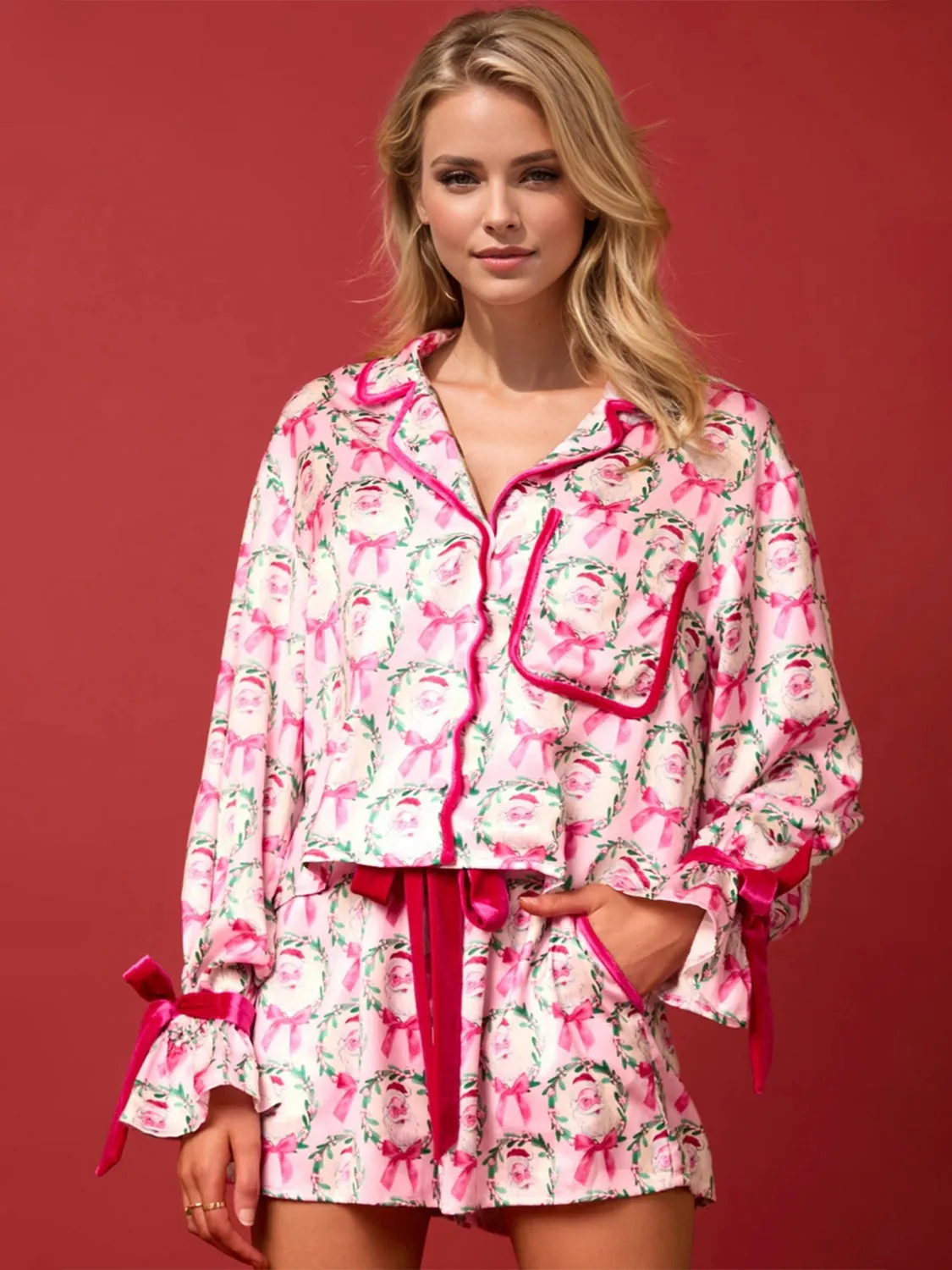 Santa Tied Printed Collared Neck Long Sleeve Top and Shorts Set-Multiple Color Options