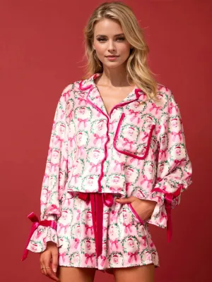 Santa Tied Printed Collared Neck Long Sleeve Top and Shorts Set-Multiple Color Options
