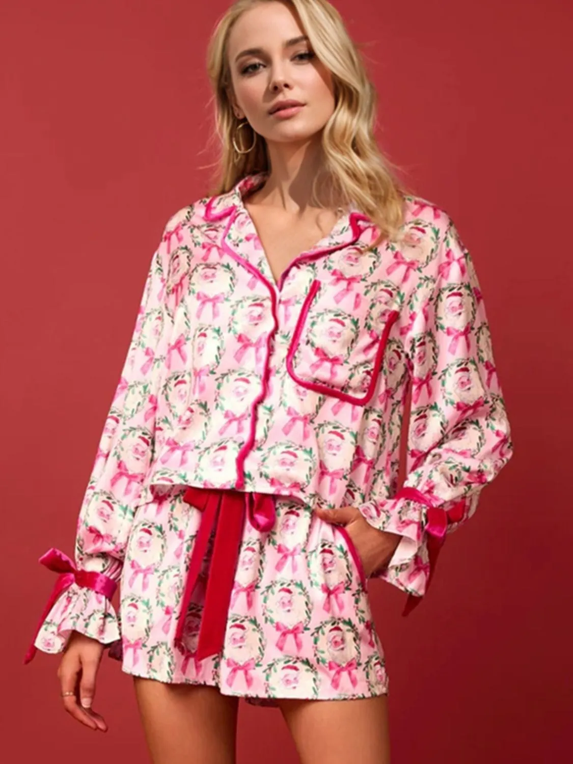 Santa Tied Printed Collared Neck Long Sleeve Top and Shorts Set-Multiple Color Options