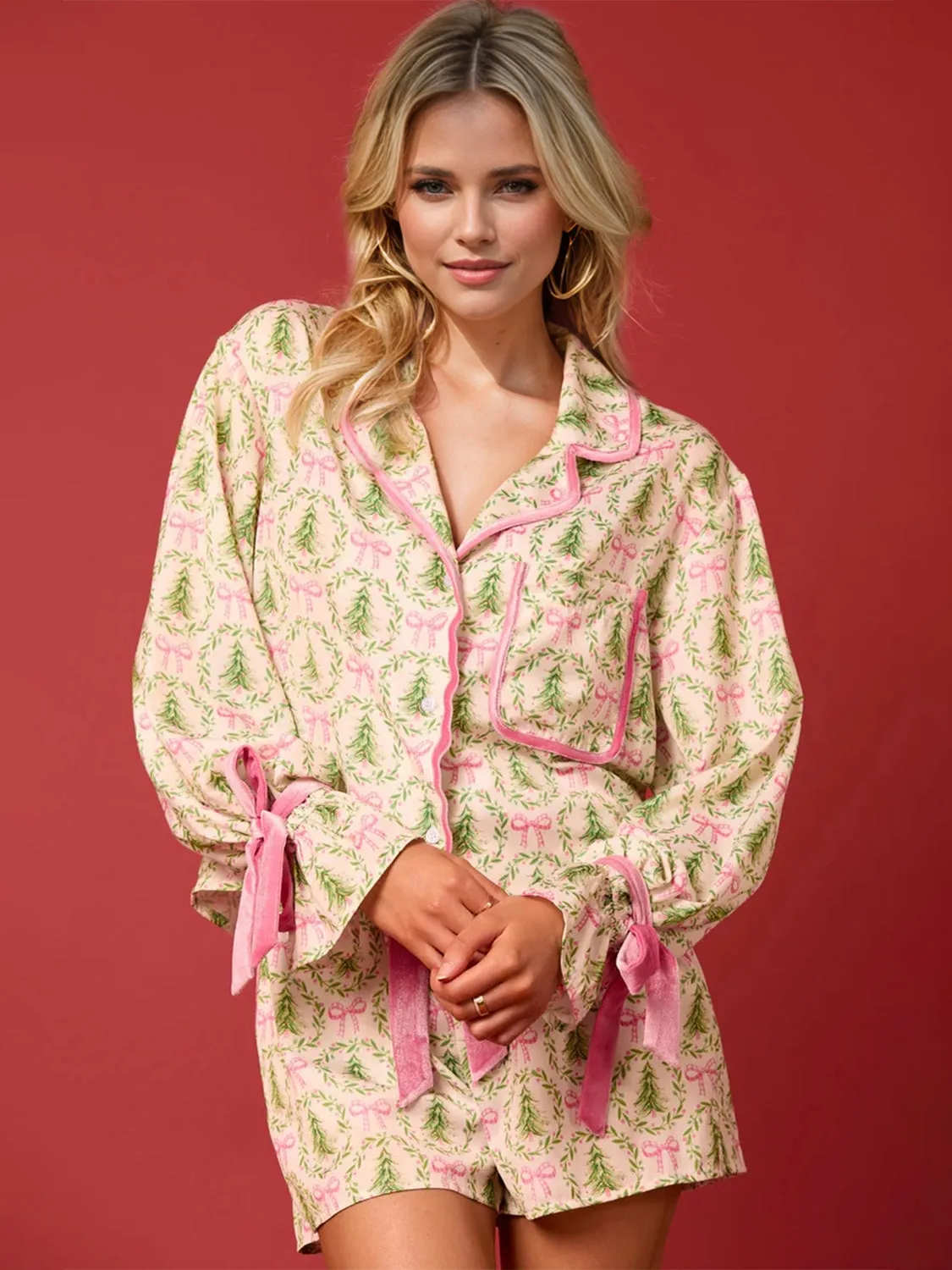 Santa Tied Printed Collared Neck Long Sleeve Top and Shorts Set-Multiple Color Options