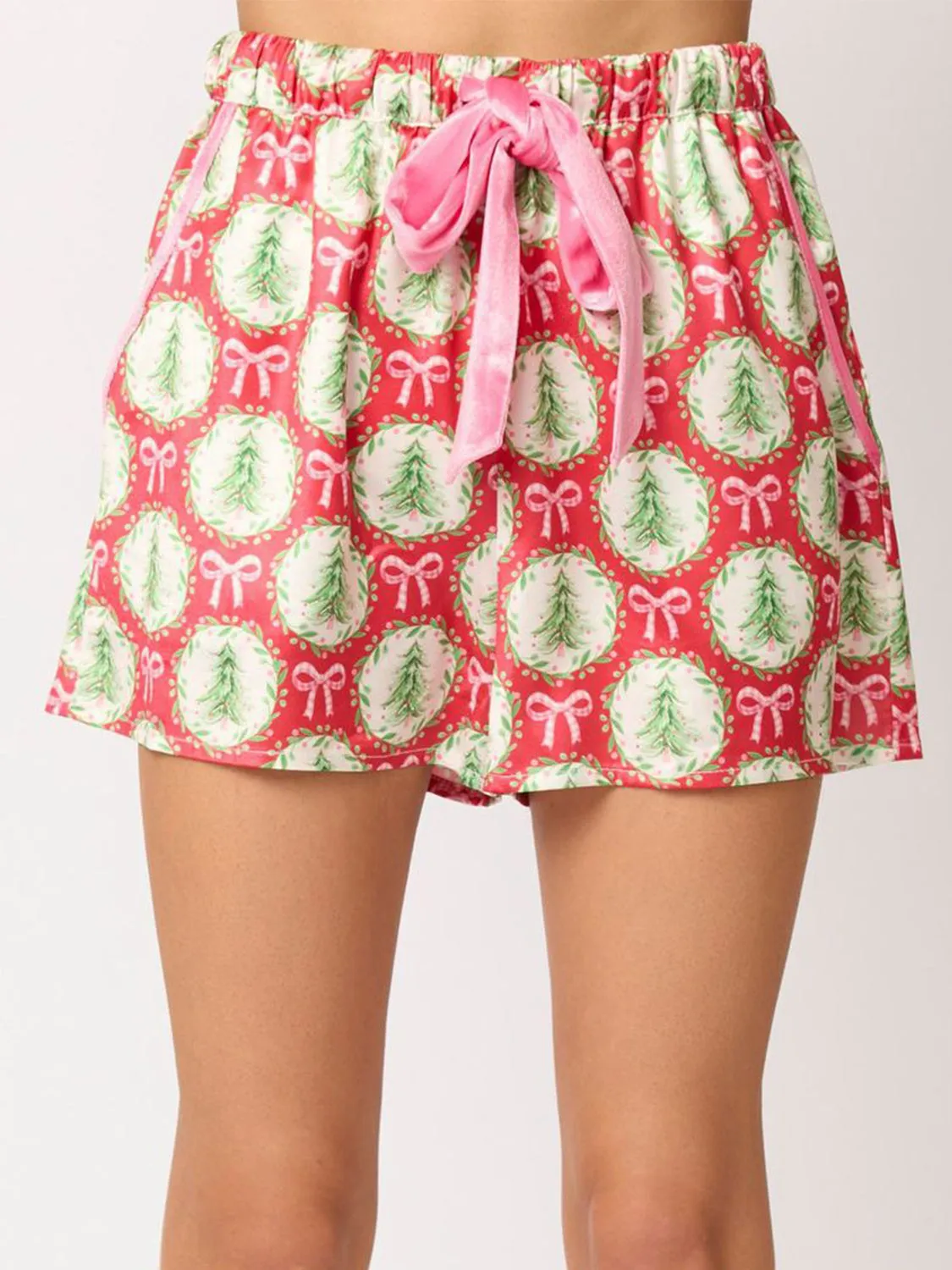 Santa Tied Printed Collared Neck Long Sleeve Top and Shorts Set-Multiple Color Options