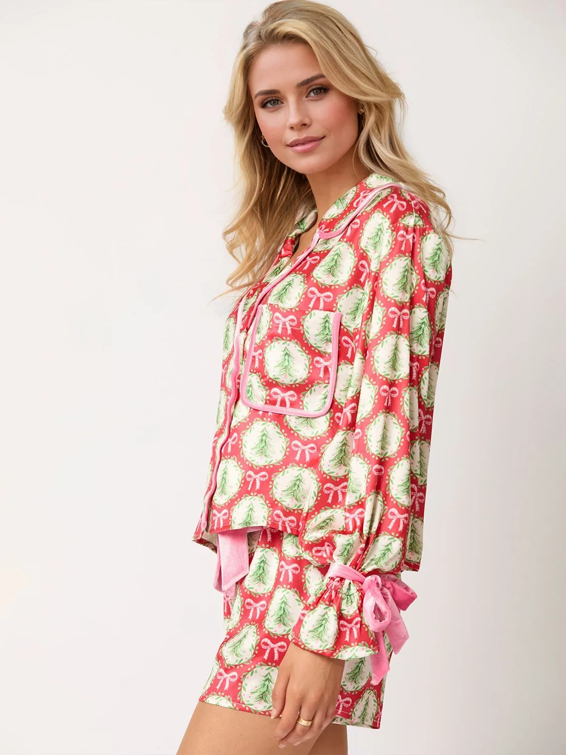 Santa Tied Printed Collared Neck Long Sleeve Top and Shorts Set-Multiple Color Options