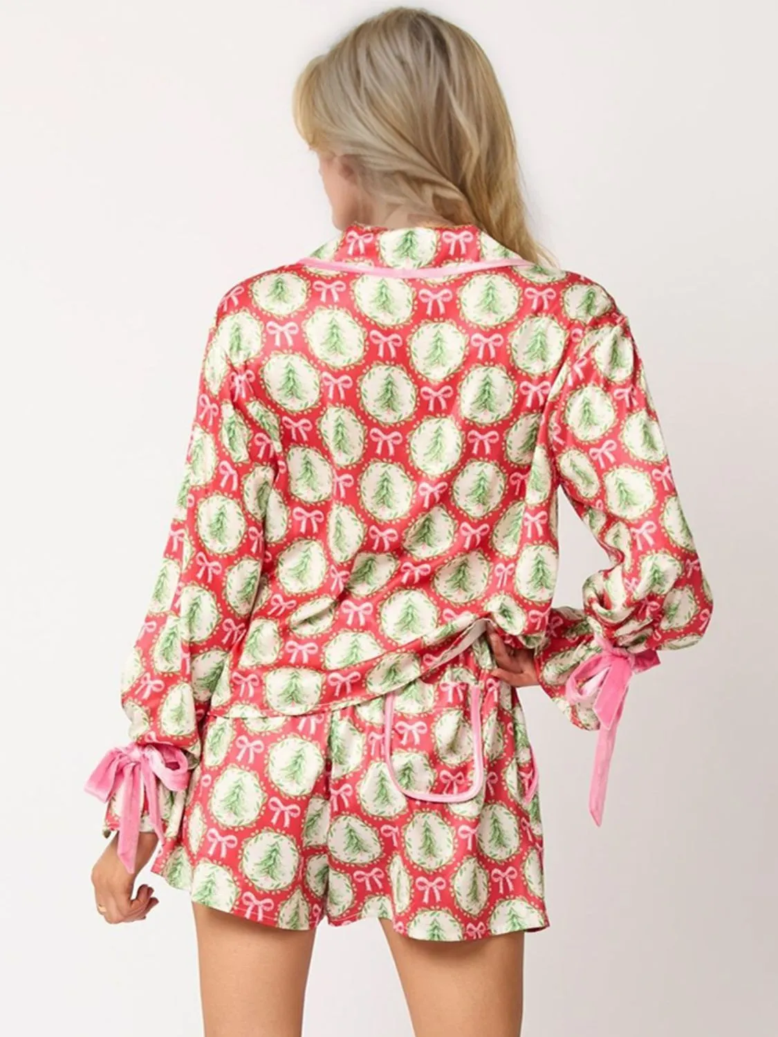 Santa Tied Printed Collared Neck Long Sleeve Top and Shorts Set-Multiple Color Options