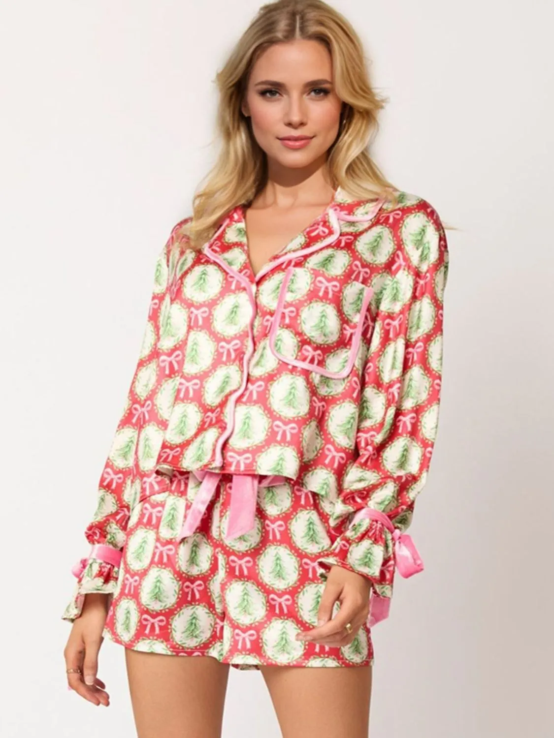 Santa Tied Printed Collared Neck Long Sleeve Top and Shorts Set-Multiple Color Options