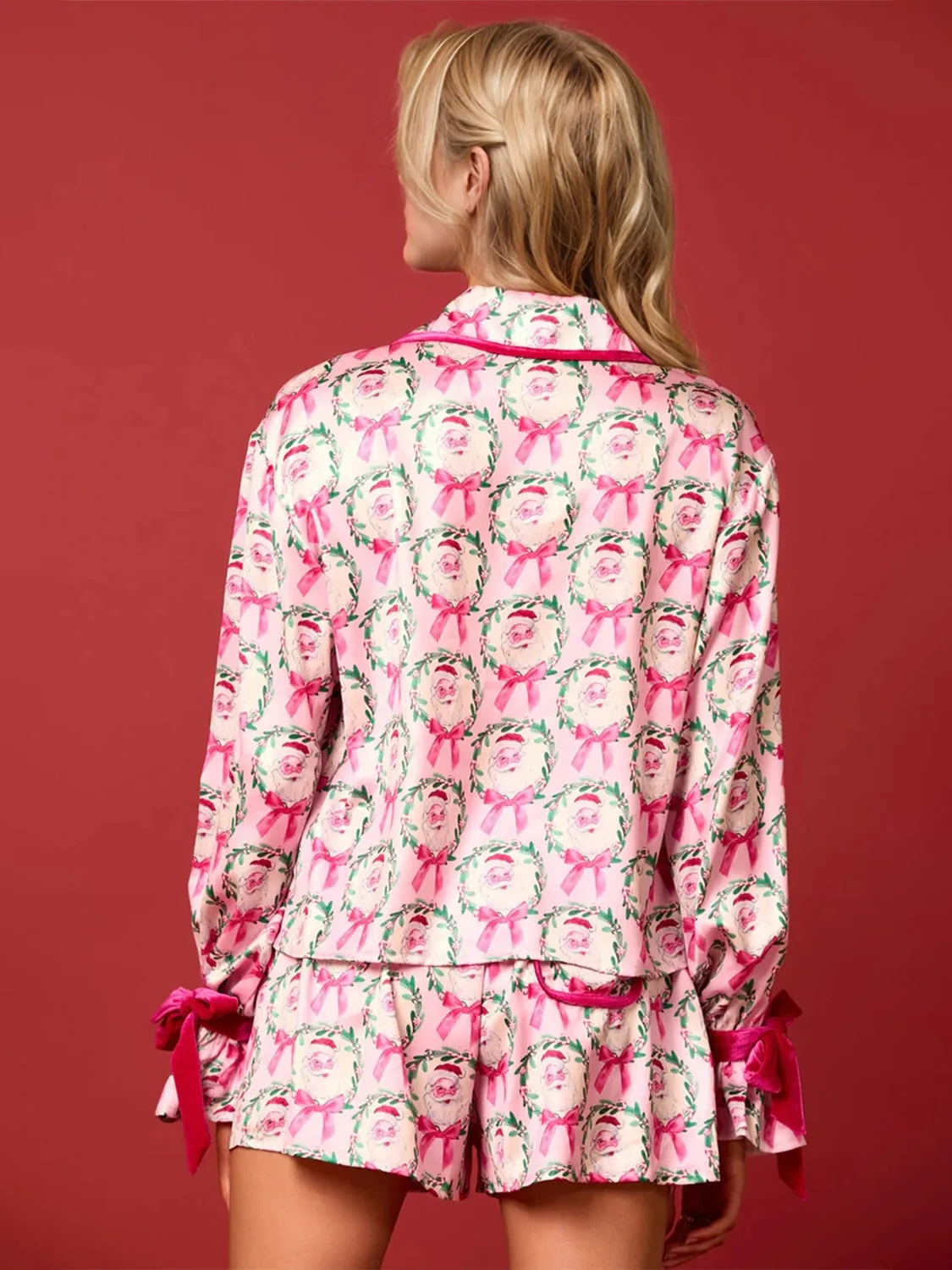 Santa Tied Printed Collared Neck Long Sleeve Top and Shorts Set-Multiple Color Options