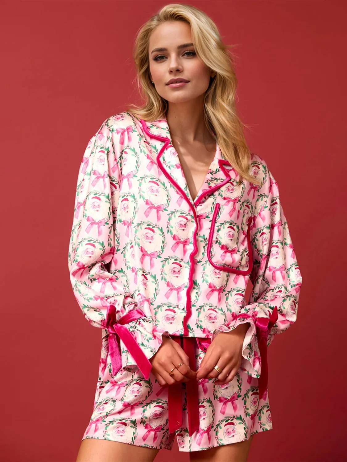 Santa Tied Printed Collared Neck Long Sleeve Top and Shorts Set-Multiple Color Options