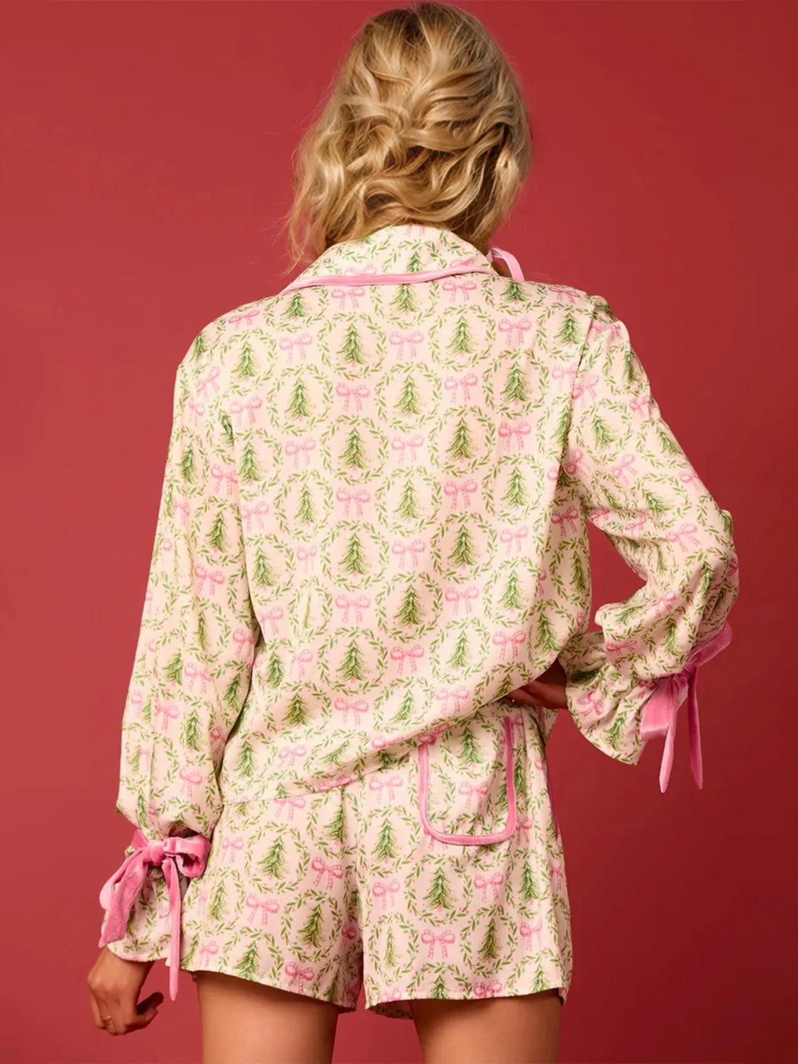 Santa Tied Printed Collared Neck Long Sleeve Top and Shorts Set-Multiple Color Options