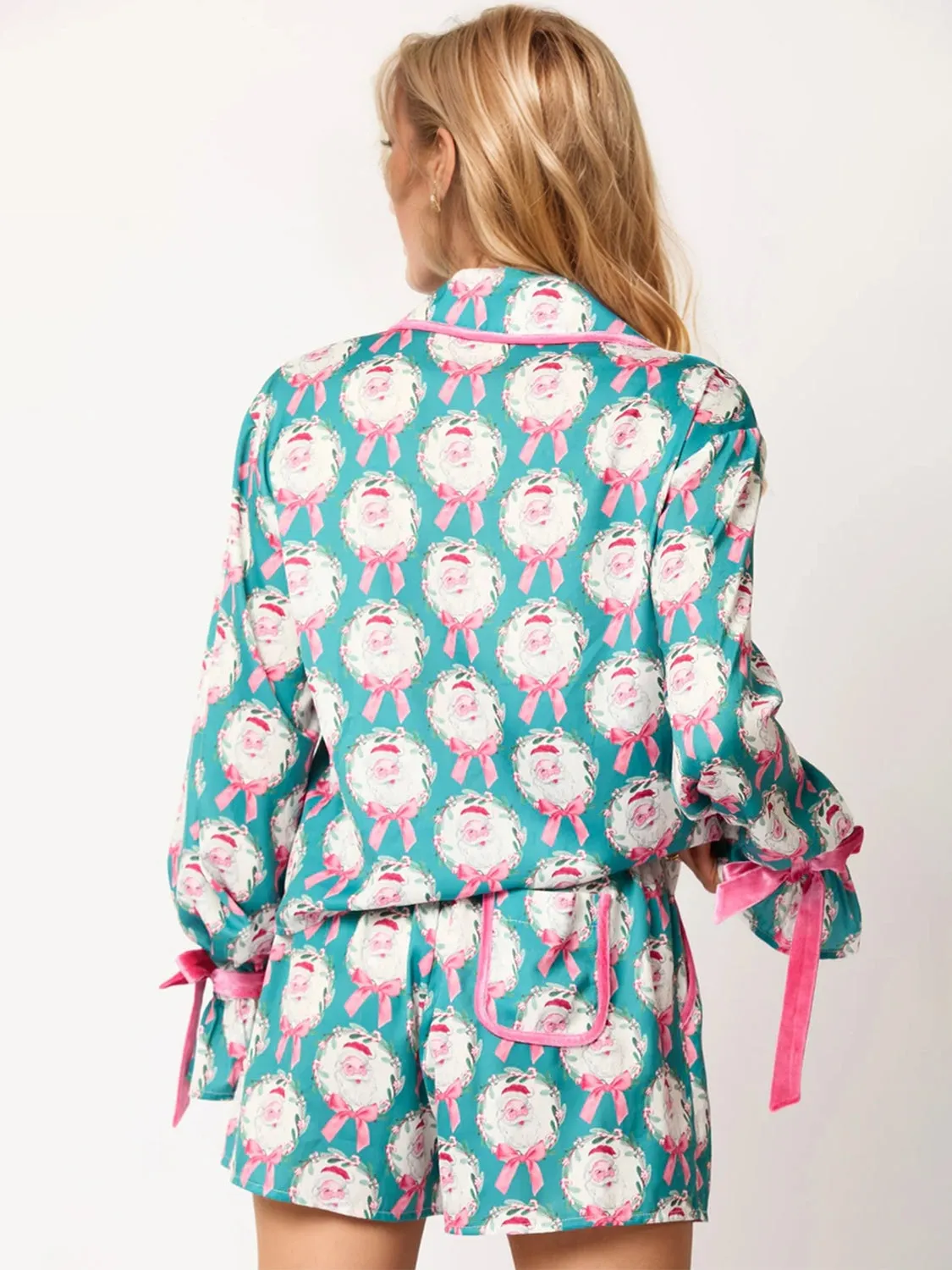 Santa Tied Printed Collared Neck Long Sleeve Top and Shorts Set-Multiple Color Options